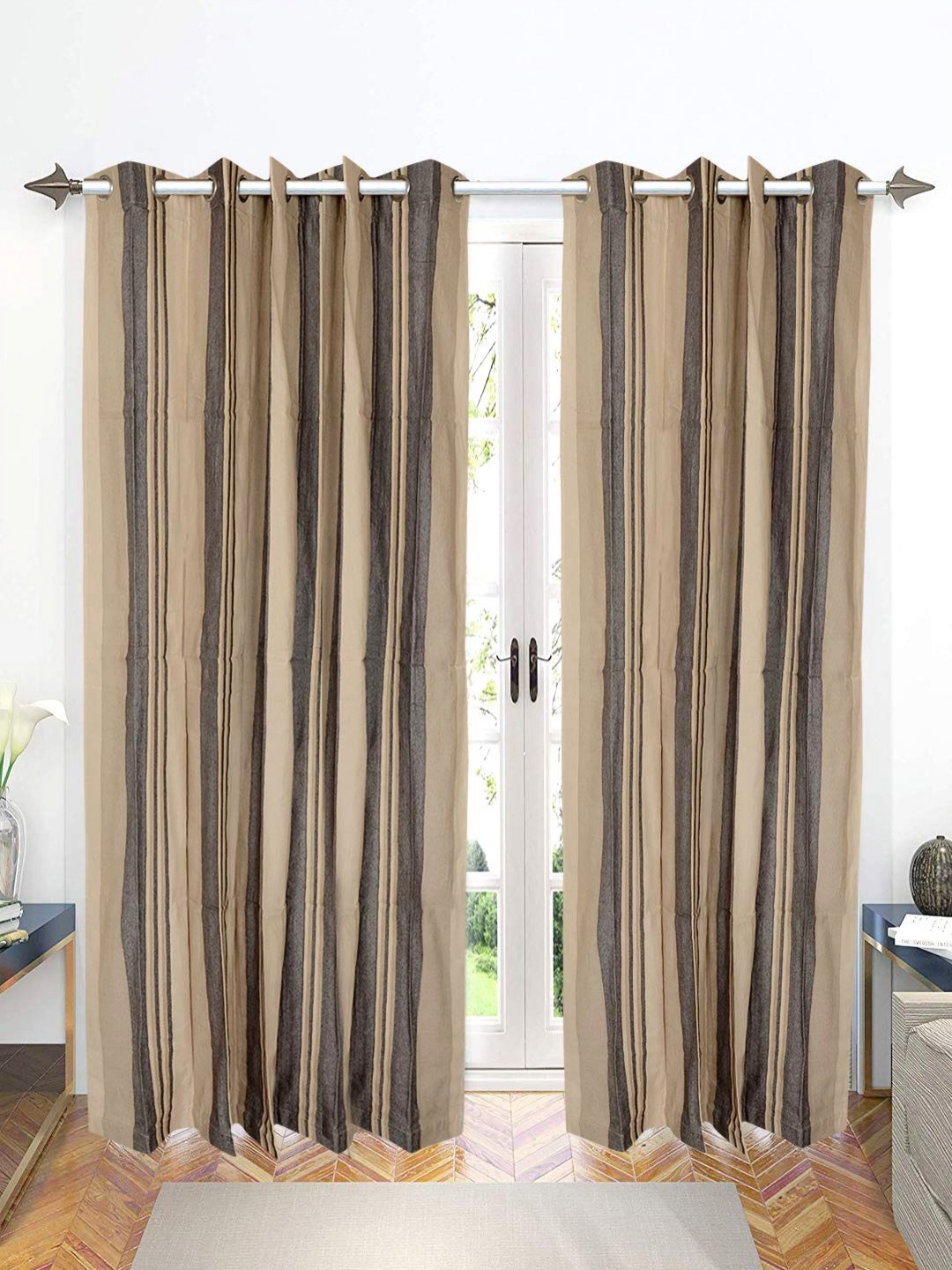 

Saral Home Brown & Grey 2 Pieces Striped Cotton Room Darkening Long Door Curtains