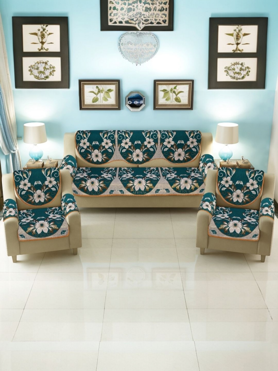 

BIGGER FISH Green 16 Pieces Printed Cotton Sofa Cover With Arms