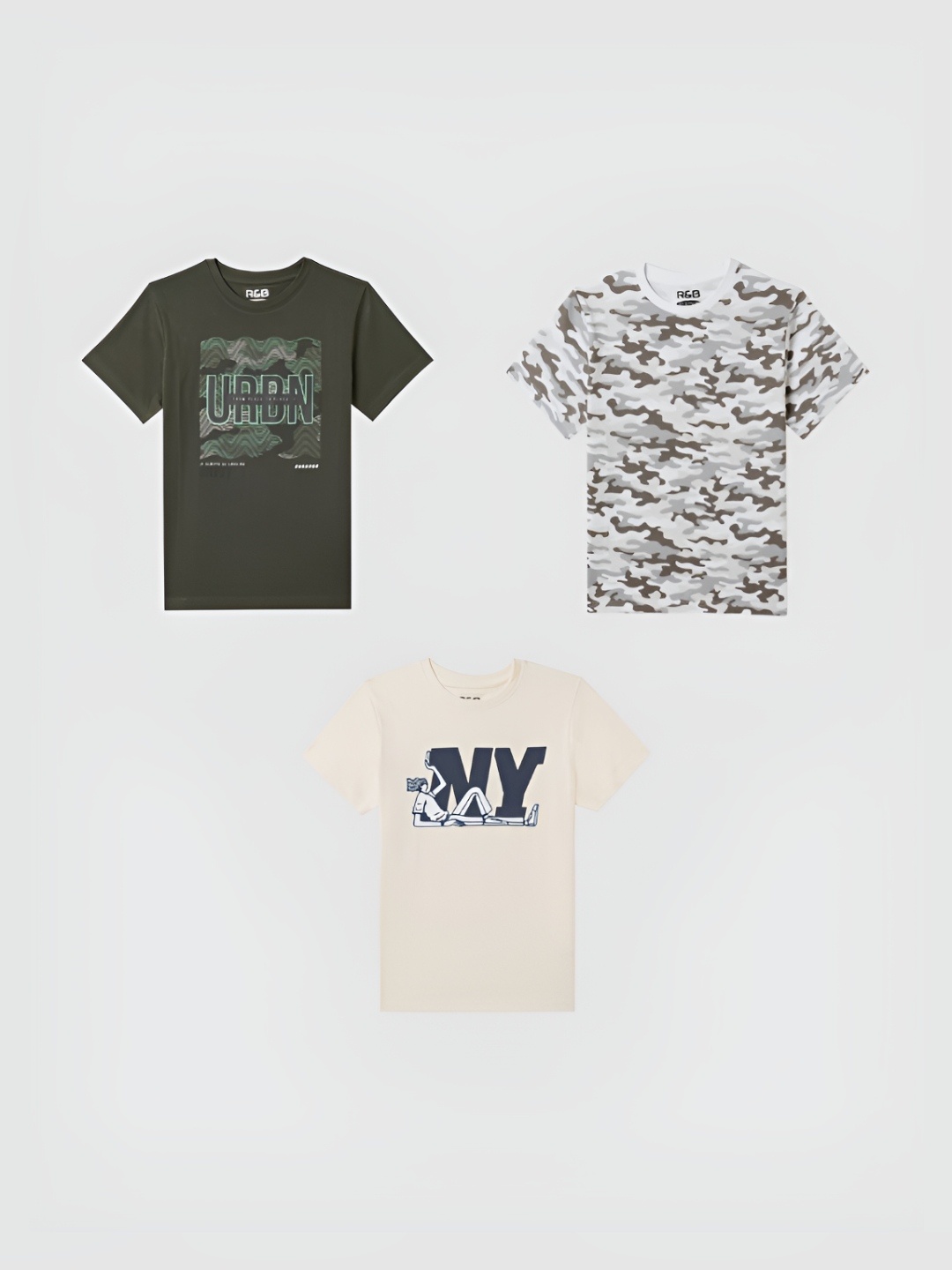 

R&B Boys Pack Of 2 Graphic Printed Round Neck Cotton T-shirt, Green
