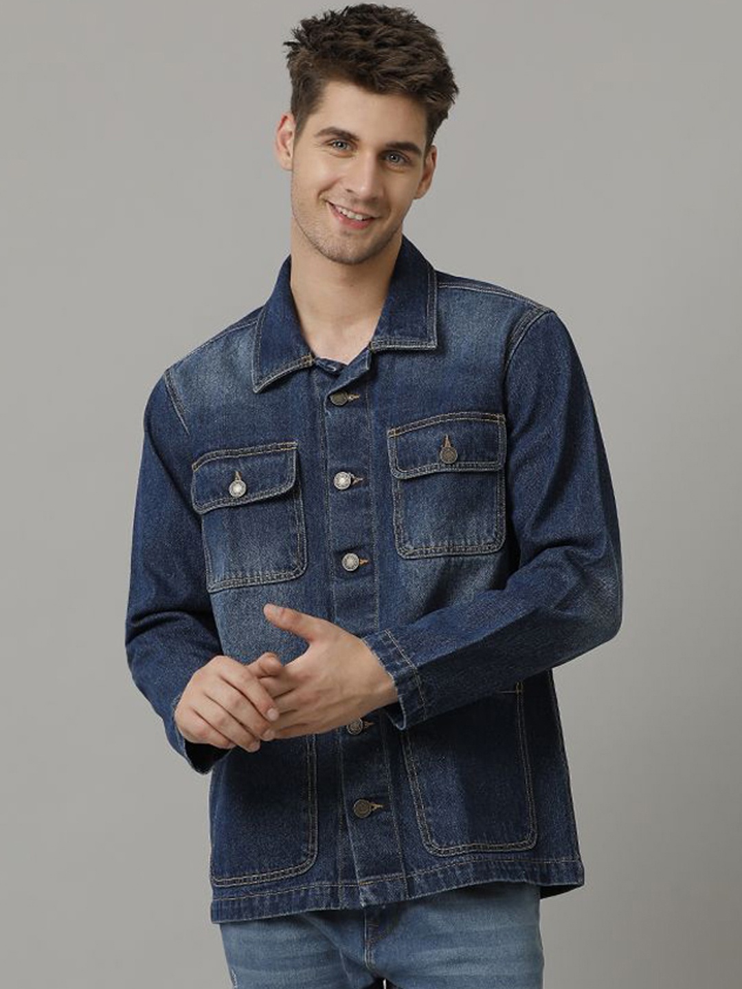 

TEMPLE OF DENIM Men Outdoor Denim Jacket with Embroidered, Blue
