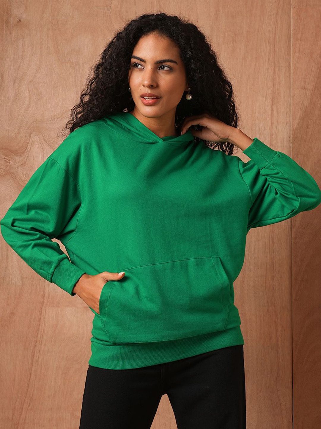 

The Roadster Lifestyle Co. Women Solid Hood Cotton Pullover Sweatshirt, Green