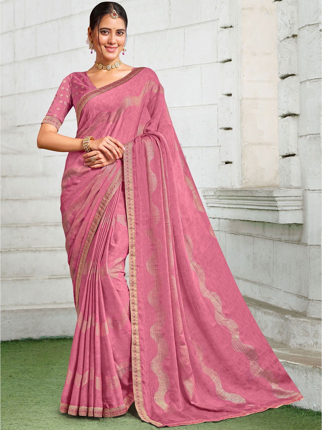 

Laxmipati Striped Poly Chiffon Saree, Pink