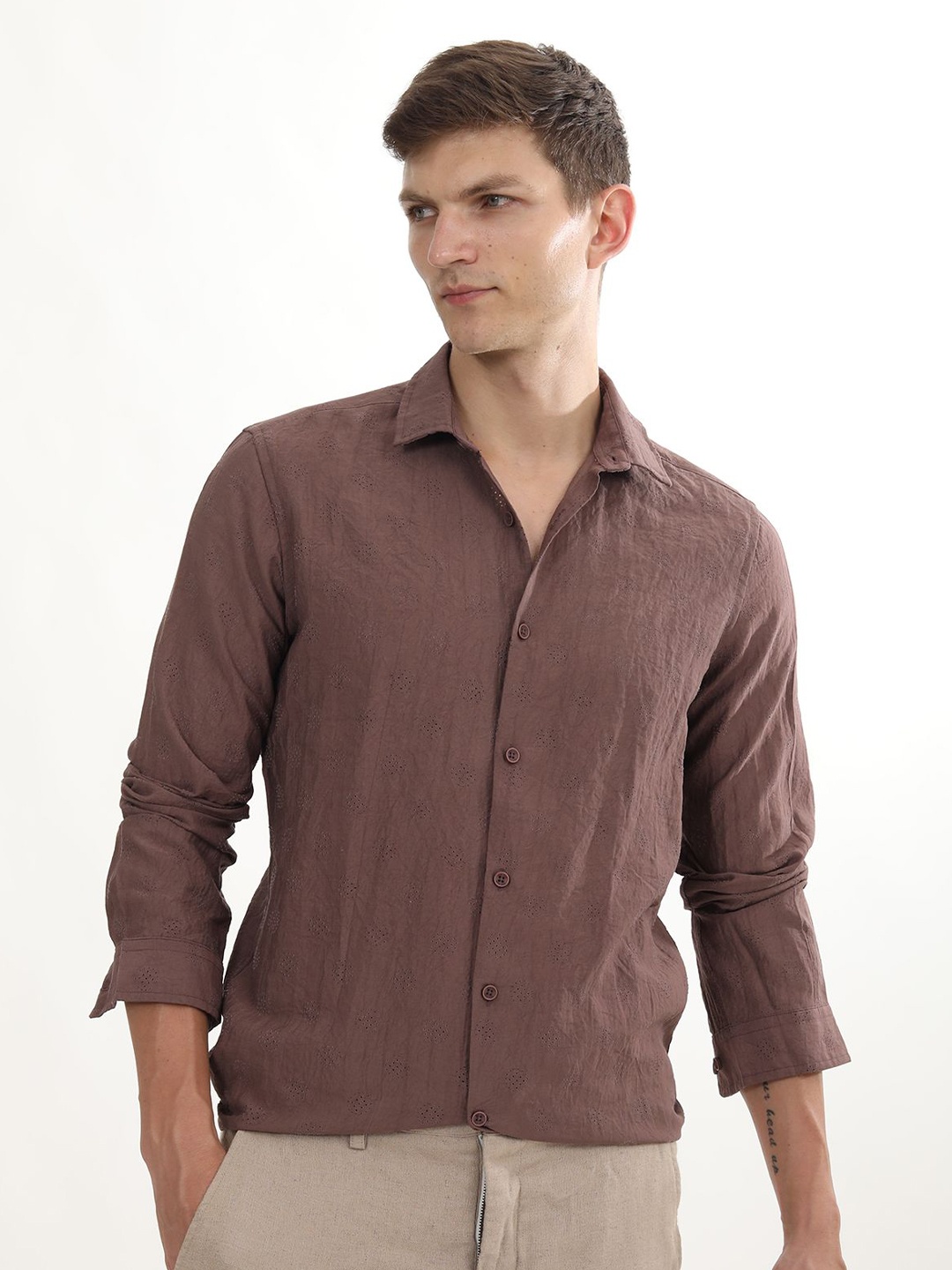 

POE Men Smart Slim Fit Opaque Striped Casual Shirt, Brown