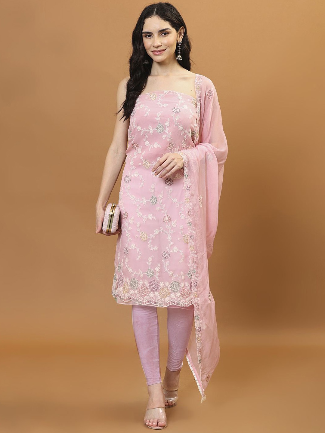 

Meena Bazaar Embroidered Organza Unstitched Dress Material, Pink