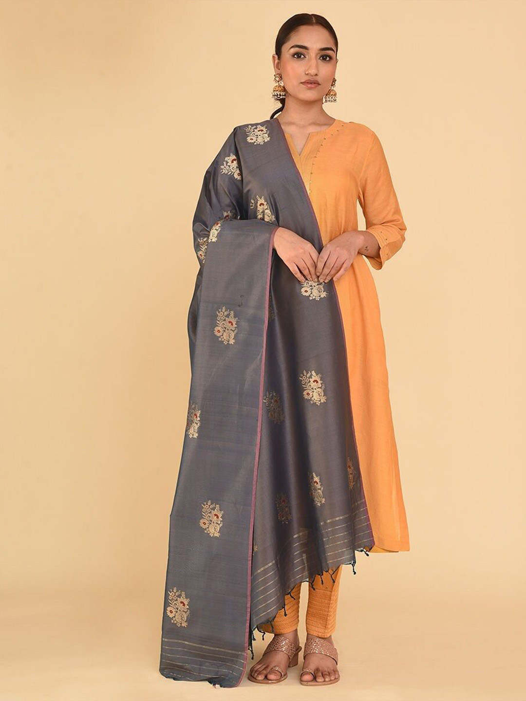 

JAYPORE Woven Design Cotton Silk Dupatta, Orange