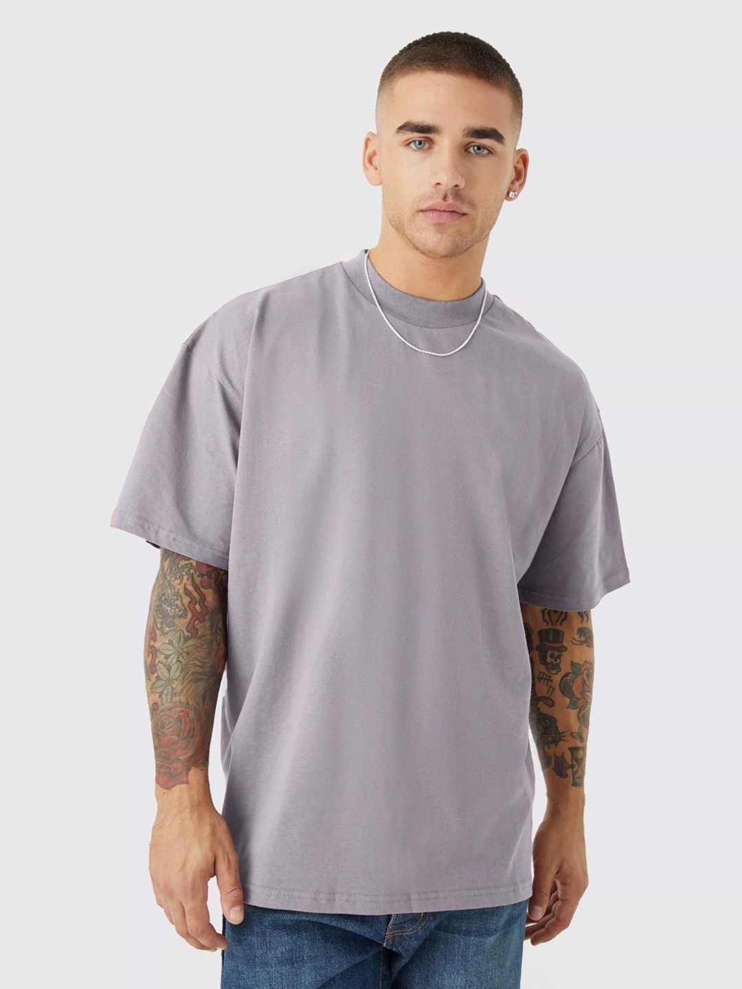 

PRONK Men Solid Round Neck Cotton Oversized T-shirt, Grey