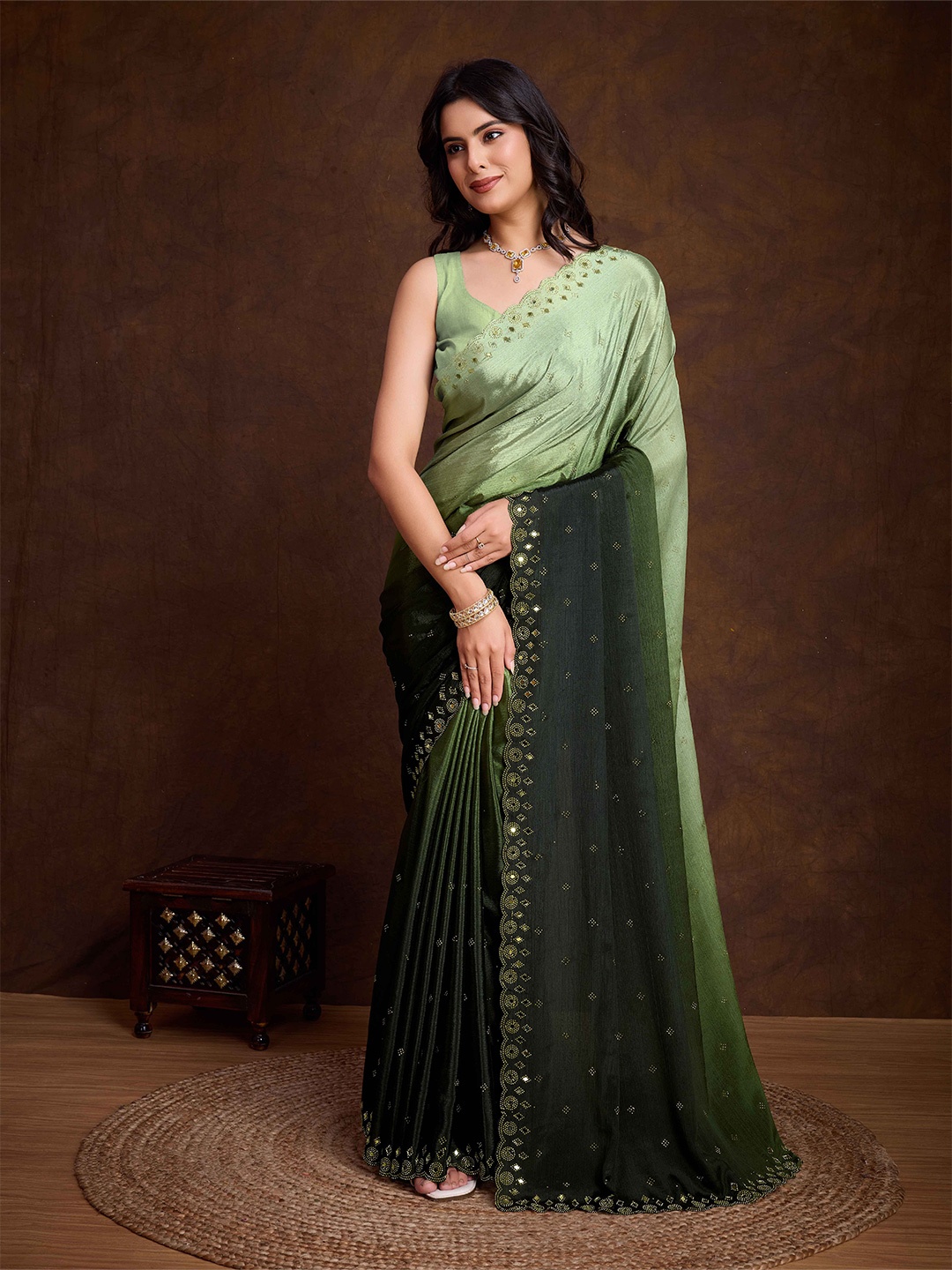 

Mitera Ombre Mirror Work Poly Chiffon Saree, Green