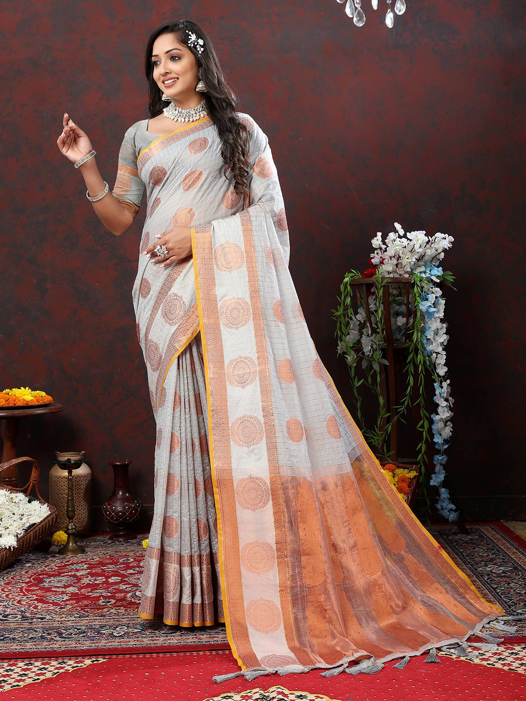 

Zeekha Ethnic Motifs Zari Pure Silk Kanjeevaram Saree, Grey