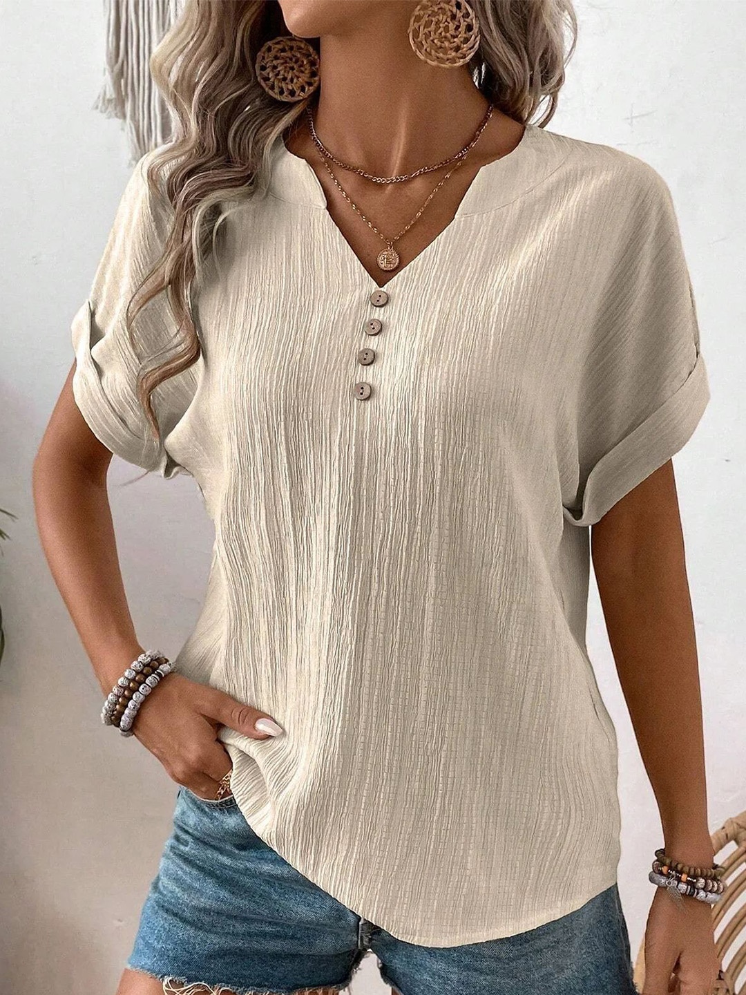 

StyleCast Roll-Up Sleeves Shirt Style Top, Off white