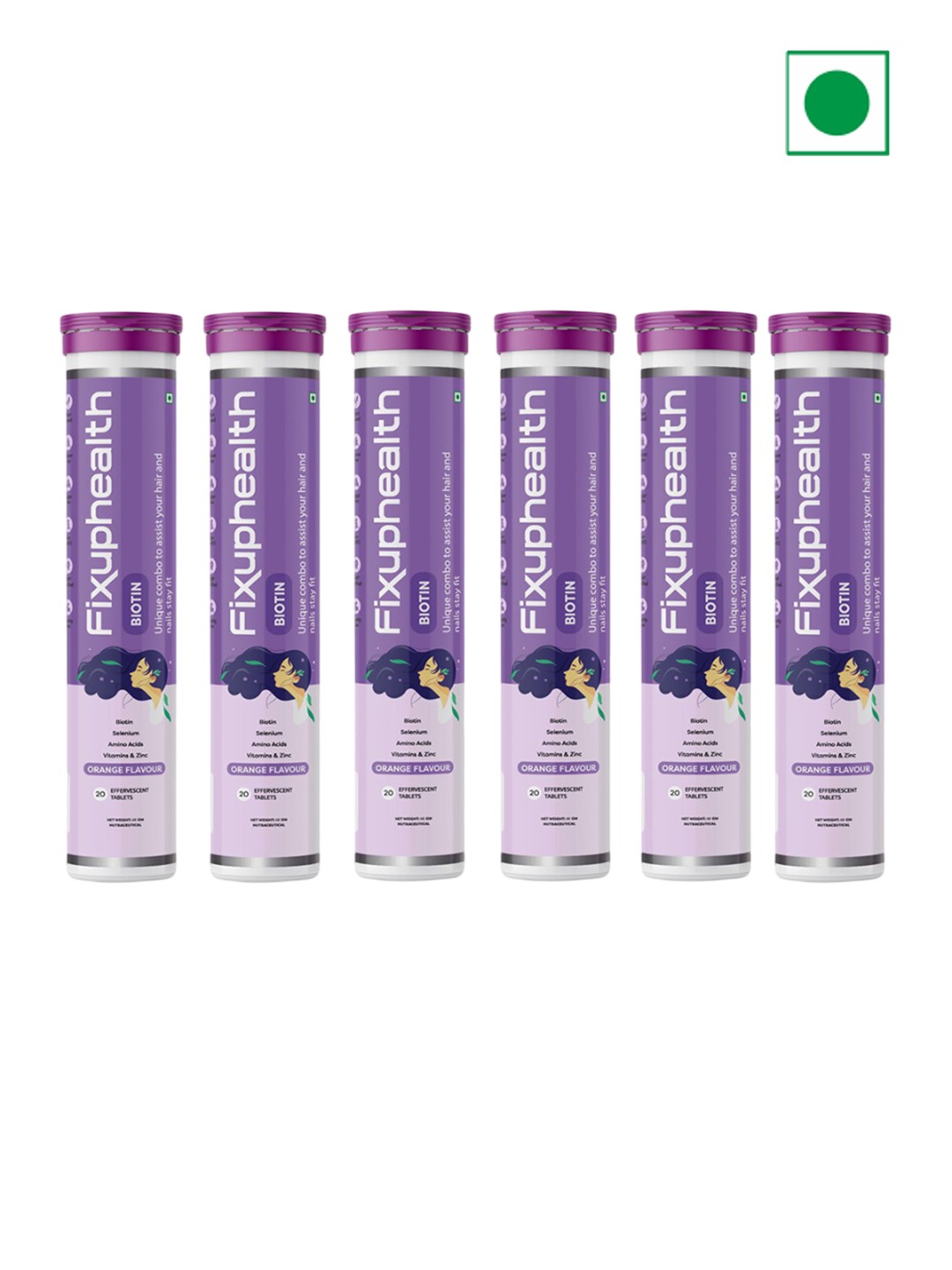 

Fixuphealth Set Of 6 Biotin Amino Acids Vit & Zinc Tablets Orange Flavour-20Tablets Each, Purple