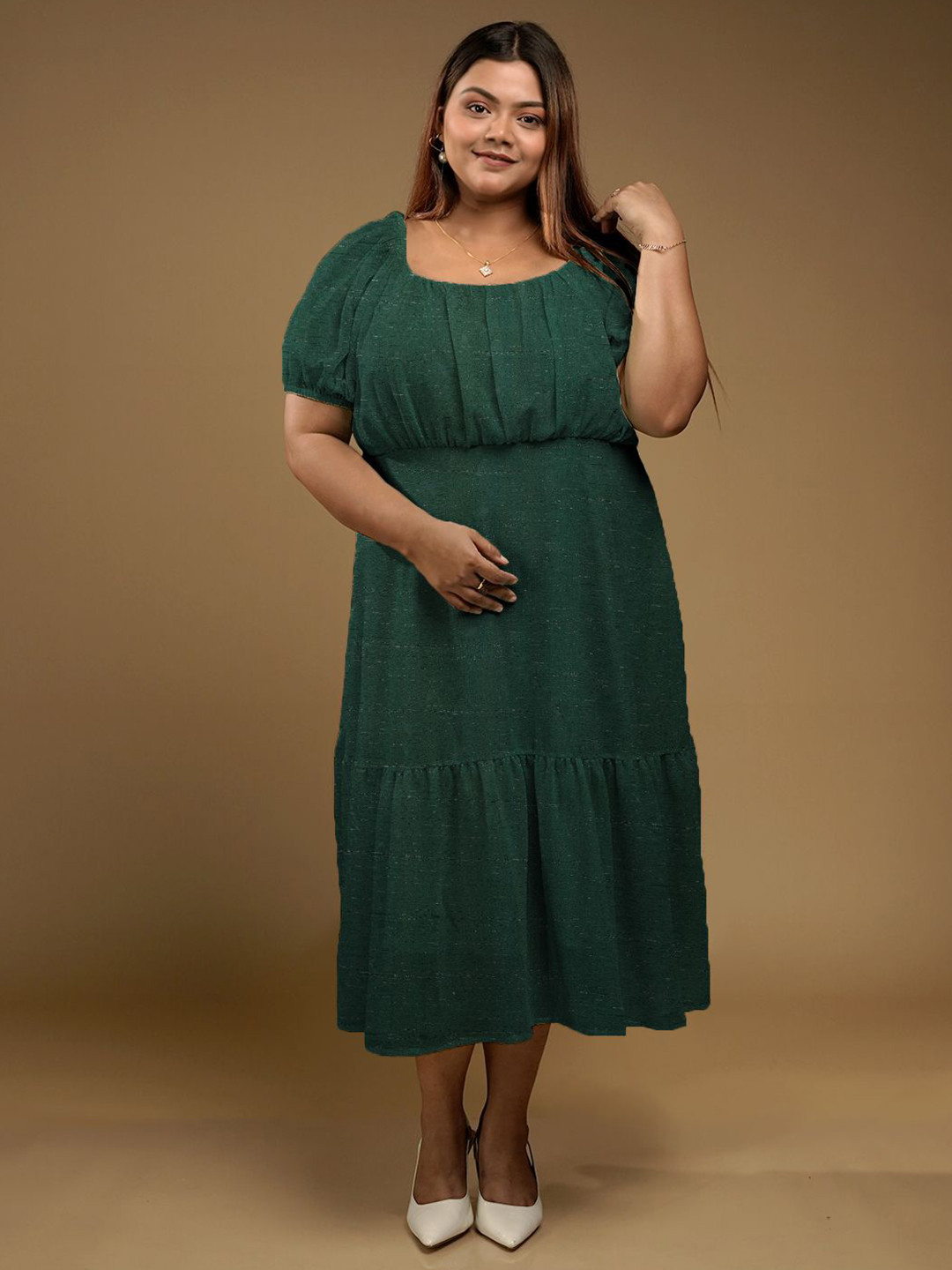 

Zink Curve Puff Sleeve A-Line Dress, Green