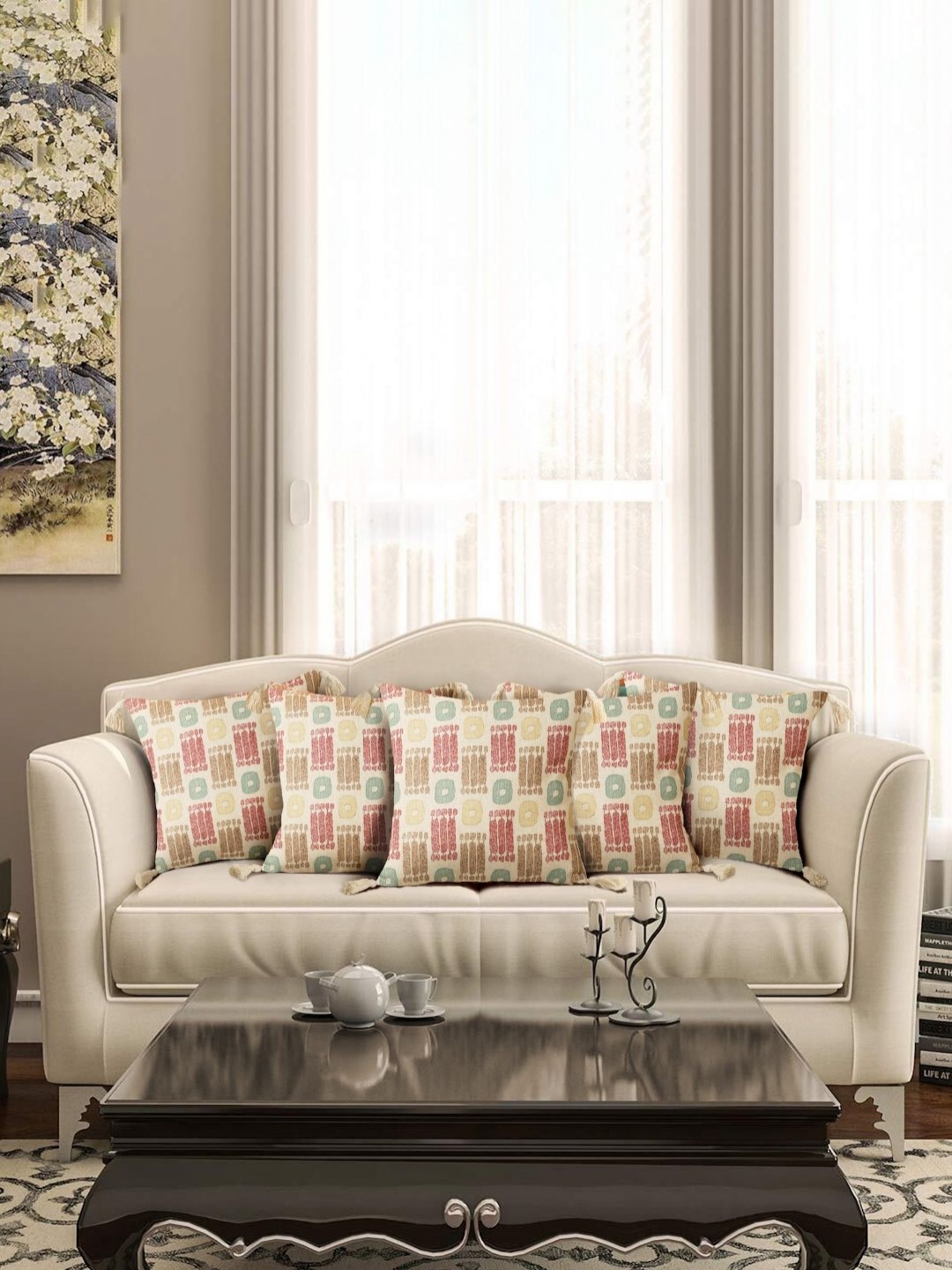 

eyda Beige & Blue 5 Pieces Geometric Printed Square Tasselled Cushion Covers
