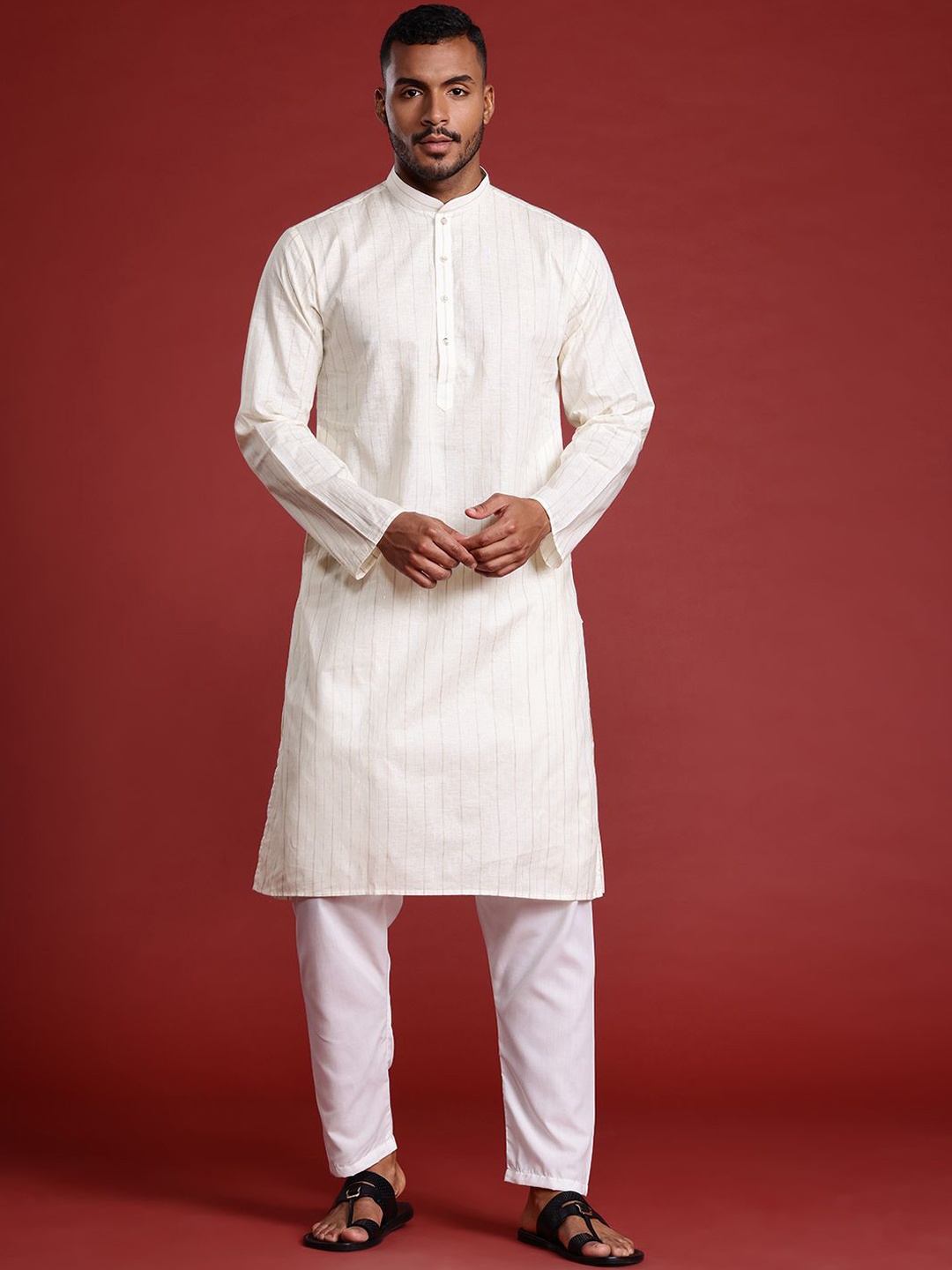 

MANQ Striped Mandarin Collar Pure Cotton Straight Kurta, Cream