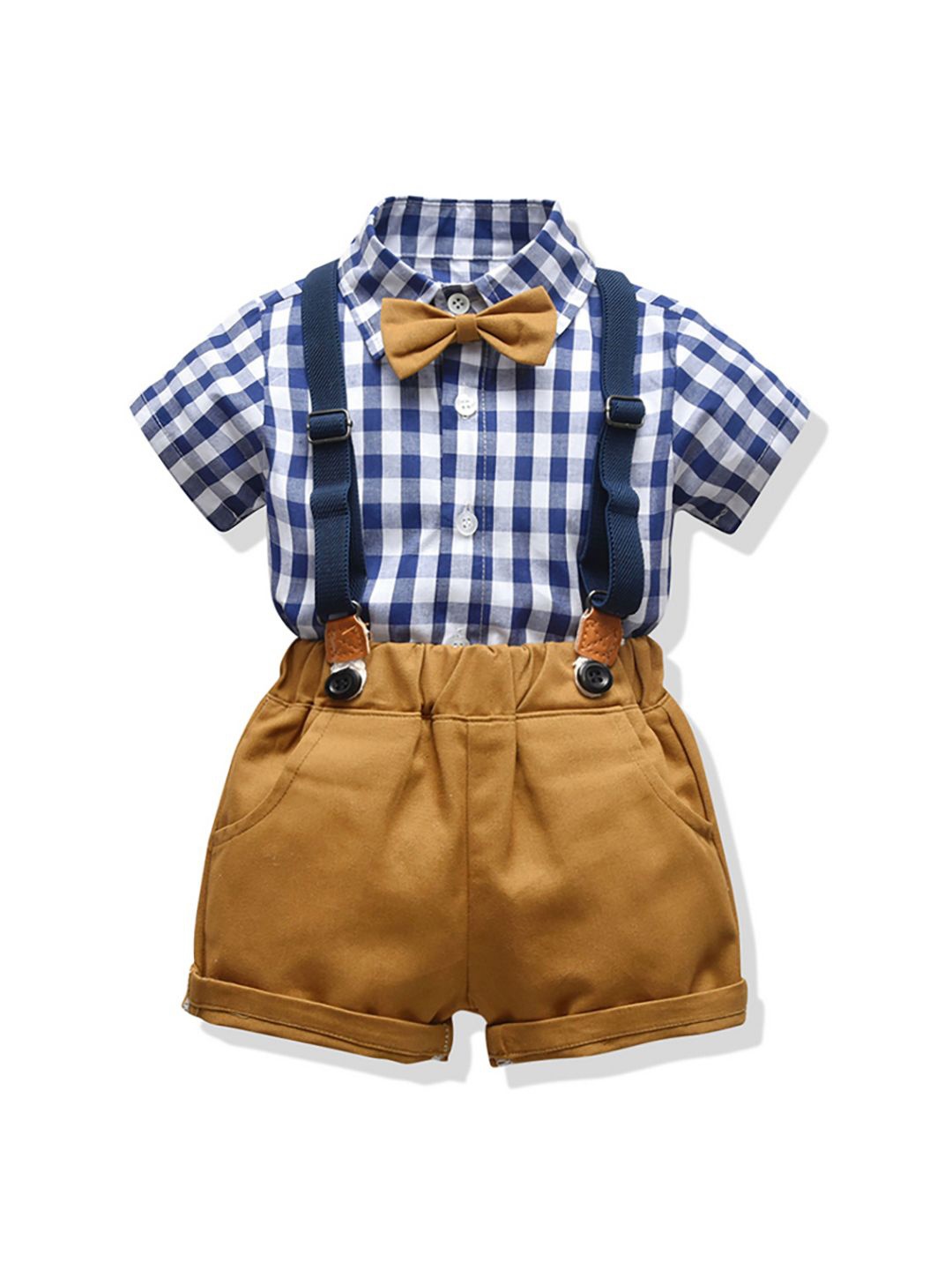 

JC SPARKLE Boys Checked Short Sleeves Shirt with Shorts and Suspenders & Bow Tie, Navy blue