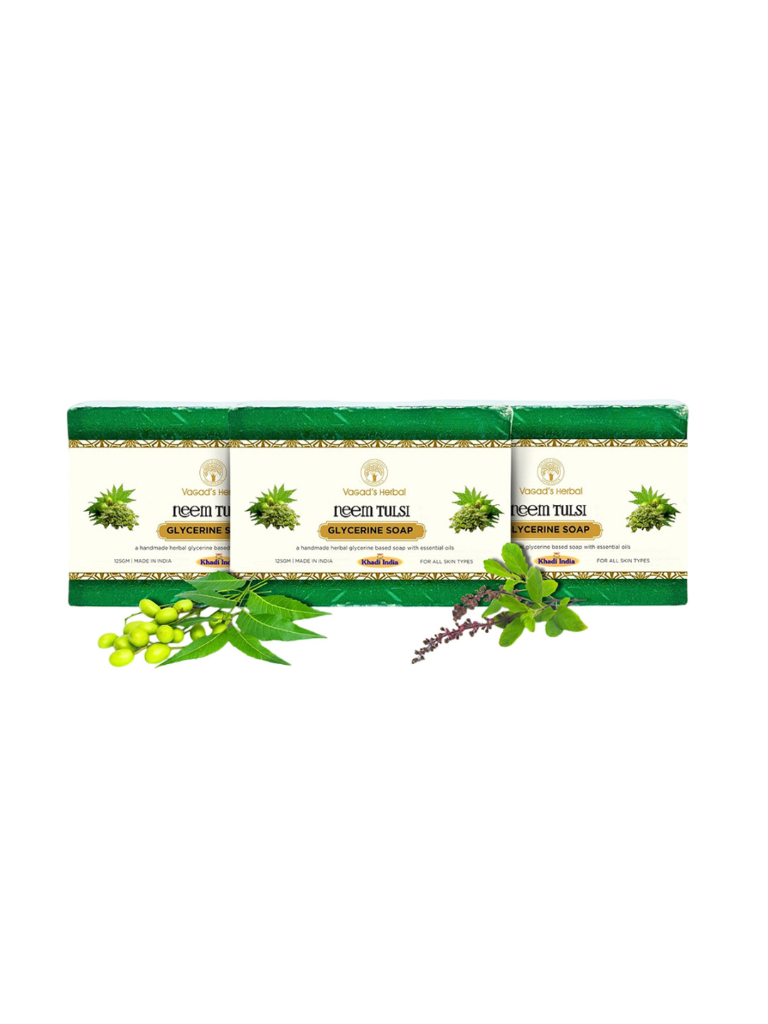 

Vagads Set Of 3 Khadi India Neem-Tulsi Soap - 125 g Each, Green