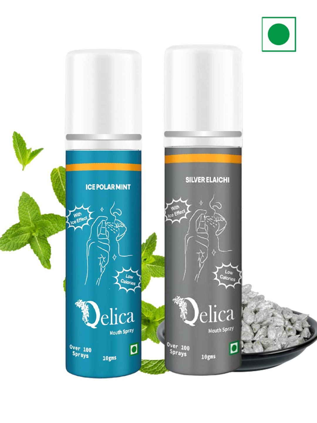 

Qelica Set Of 2 Ice Polar Mint & Silver Elaichi Mouth Freshener Spray 10 g Each, Blue