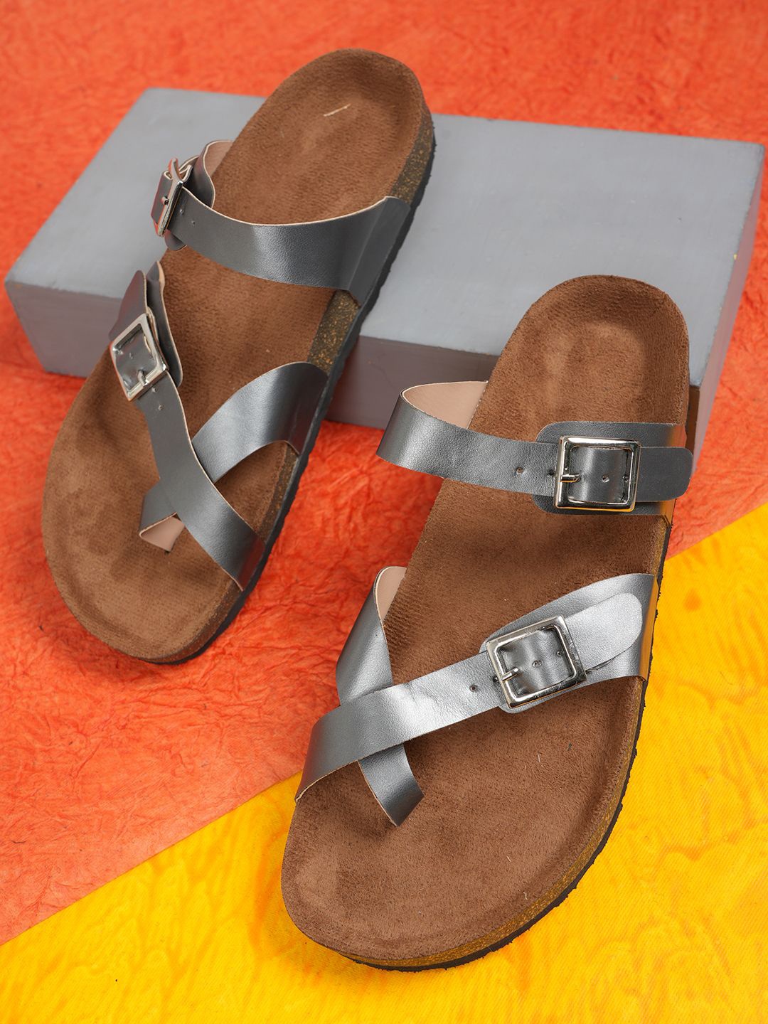 

MOZAFIA Women Open Toe Flats with Buckles, Grey
