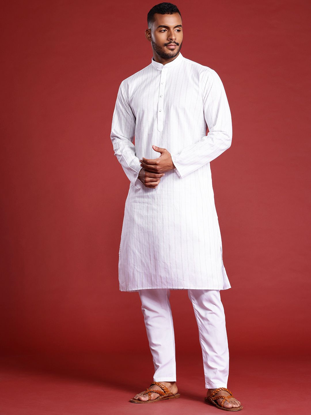 

MANQ Striped Mandarin Collar Pure Cotton Straight Kurta, White