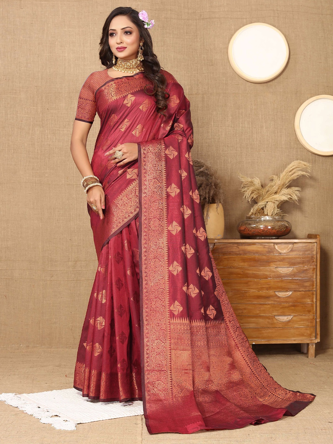 

Zeekha Woven Design Zari Pure Silk Kanjeevaram Saree, Maroon