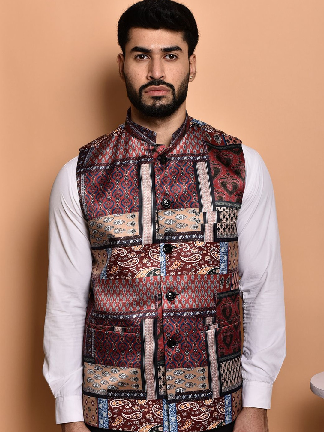 

PRINTCULTR Printed Woven Nehru Jacket, Maroon