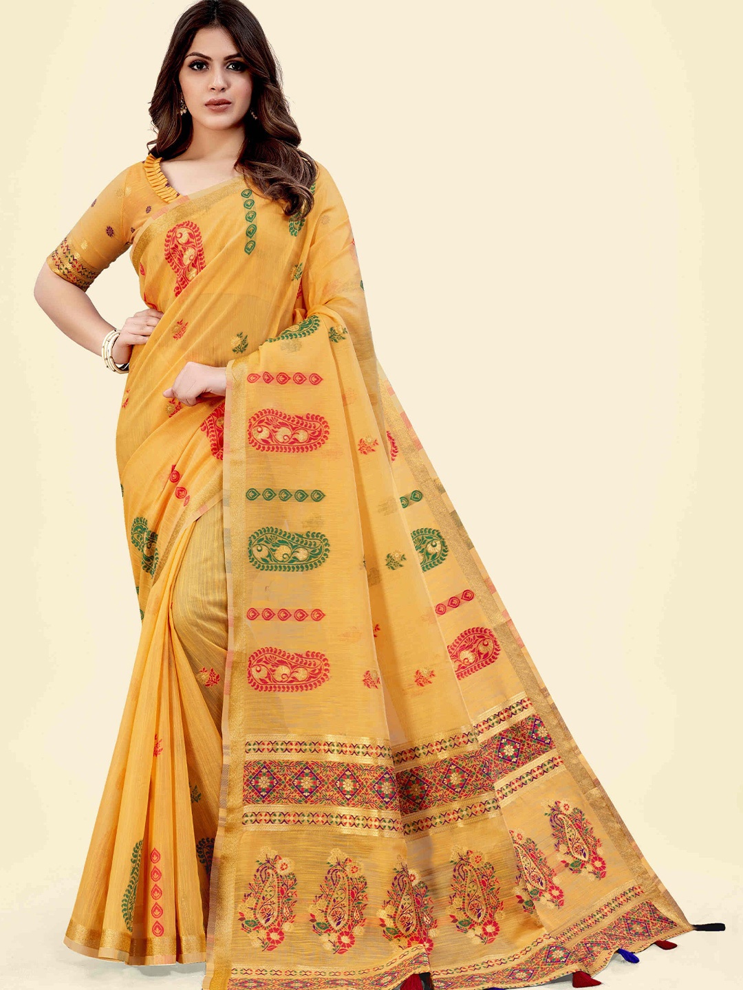 

SARHA Ethnic Motifs Woven Design Zari Pure Cotton Saree, Yellow