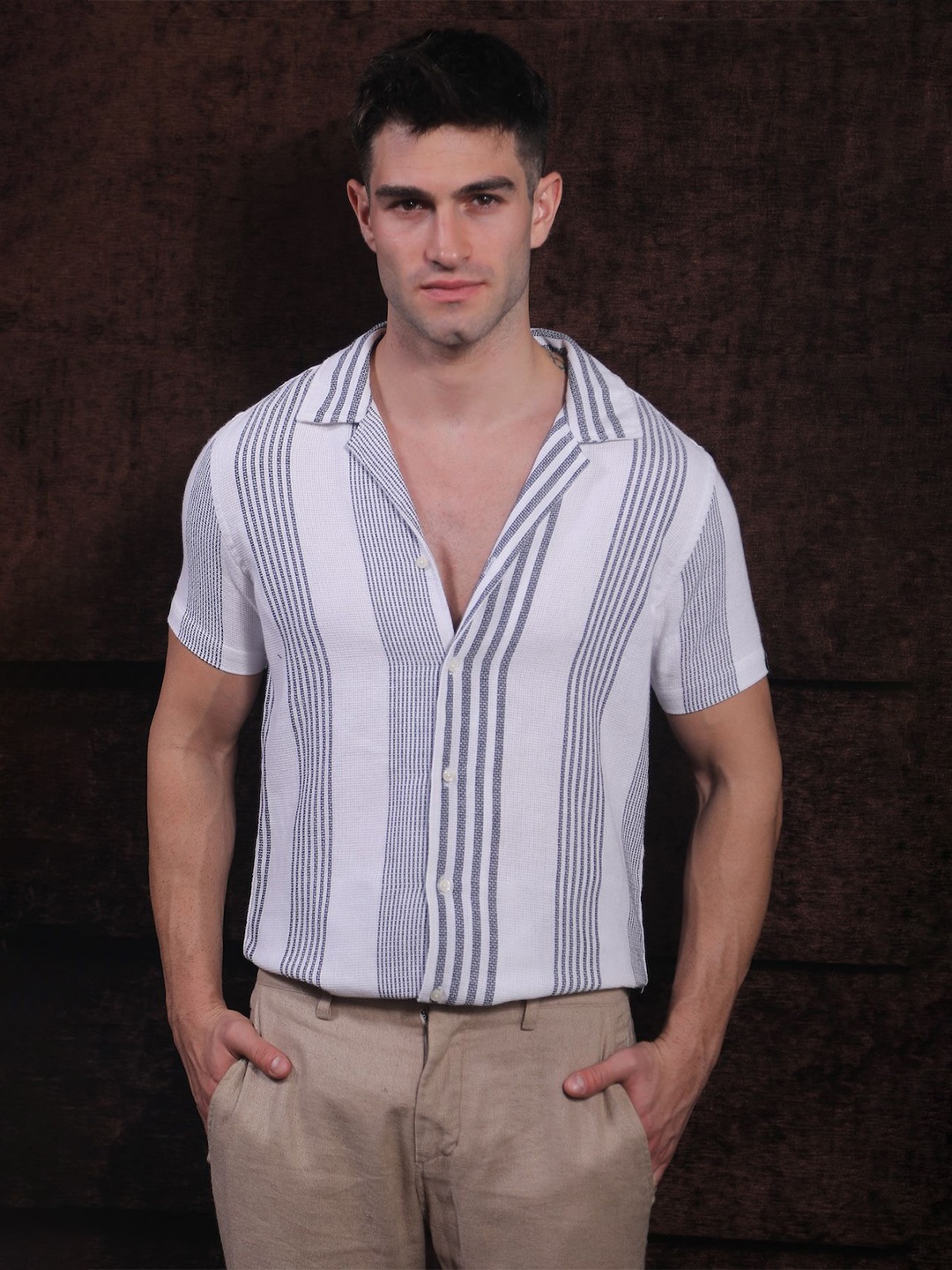 

POE Men Smart Slim Fit Opaque Striped Casual Shirt, White