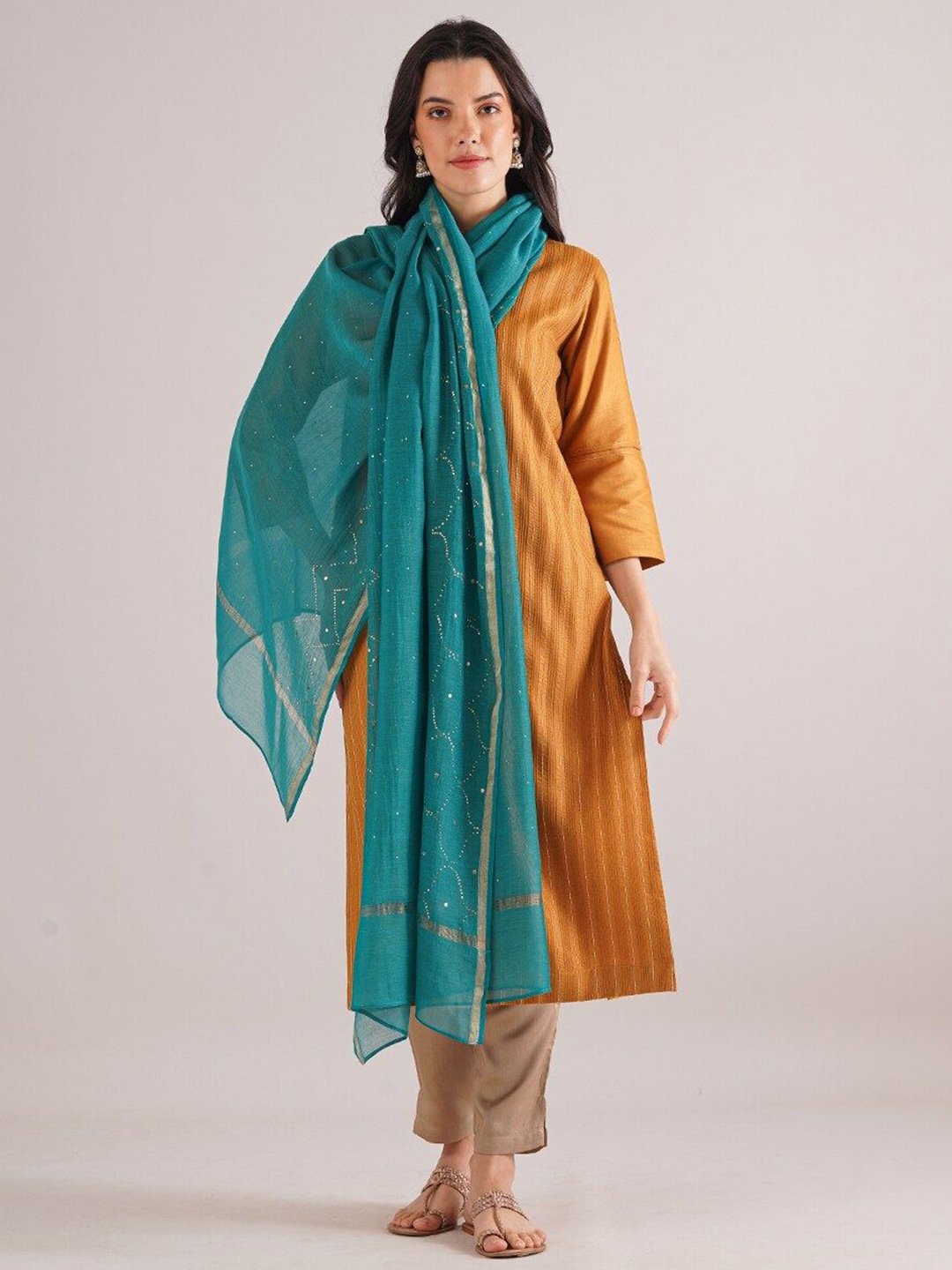 

JAYPORE Embroidered Cotton Silk Dupatta, Blue