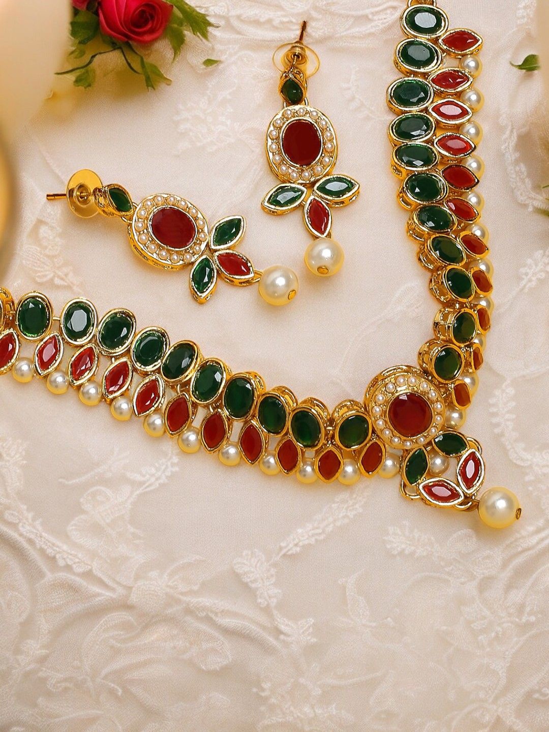 

Anouk Stone Studded & Beaded Jadau Necklace & Earrings, Gold