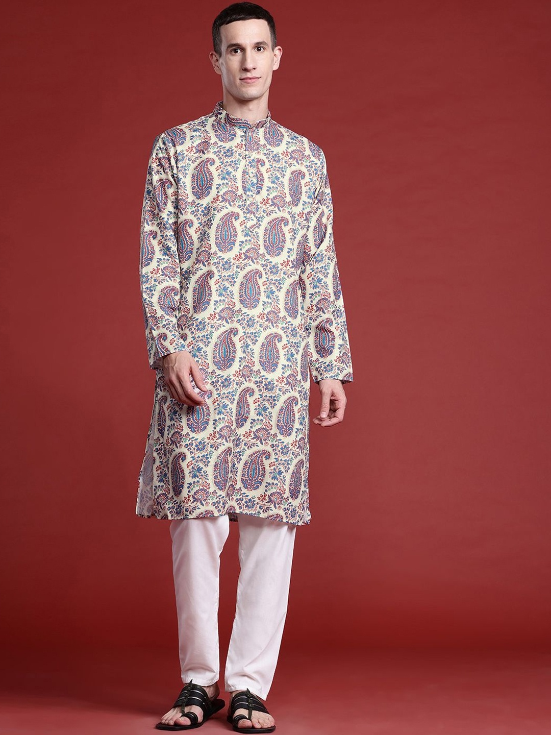 

MANQ Paisley Printed Mandarin Collar Pure Cotton Straight Kurta, Beige