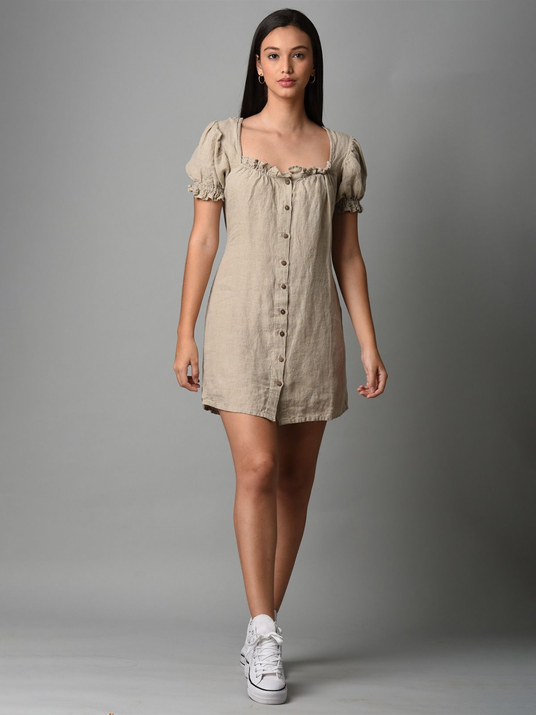 

Linen Options Puff Sleeve A-Line Dress, Beige