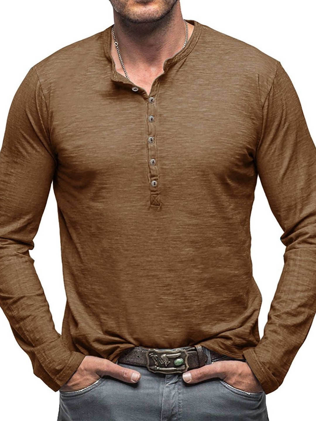 

StyleCast x Revolte Men Solid Henley Neck T-shirt, Brown