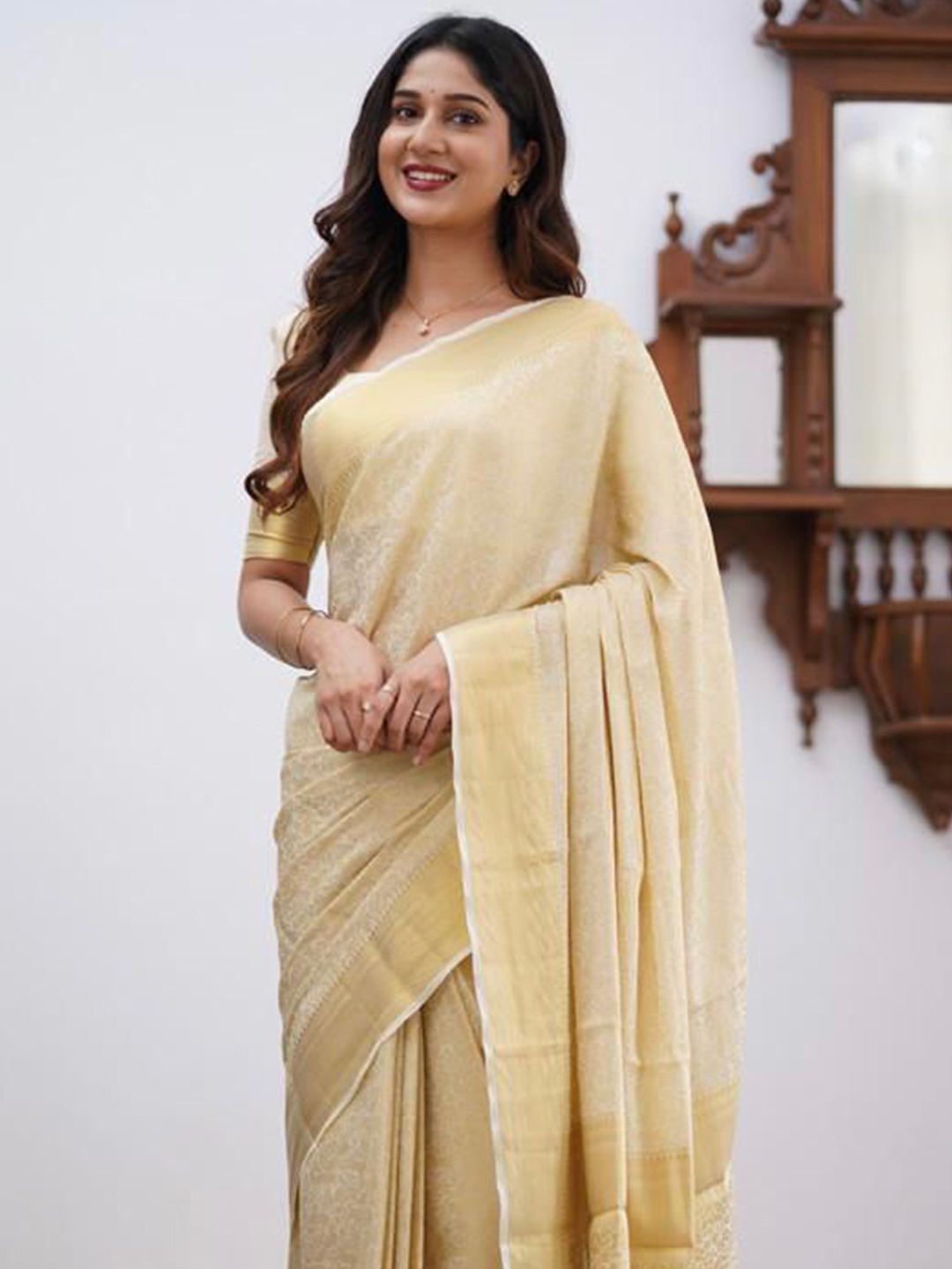 

MAHALASA Woven Design Zari Kanjeevaram Saree, Cream