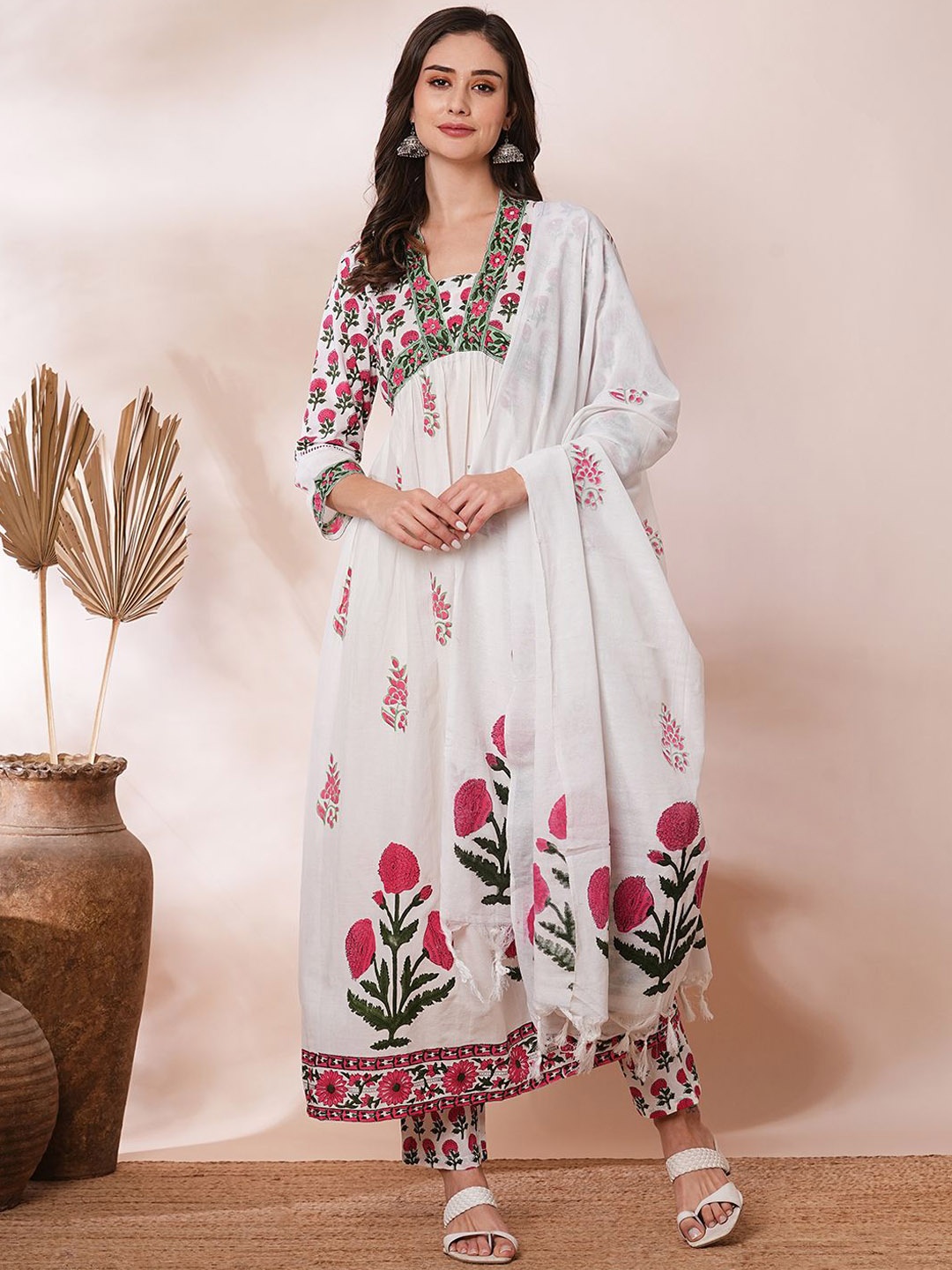 

FASHOR Women Floral Printed Pleated Mirror Work Pure Cotton Kurta with Trousers & With Dupatta, White