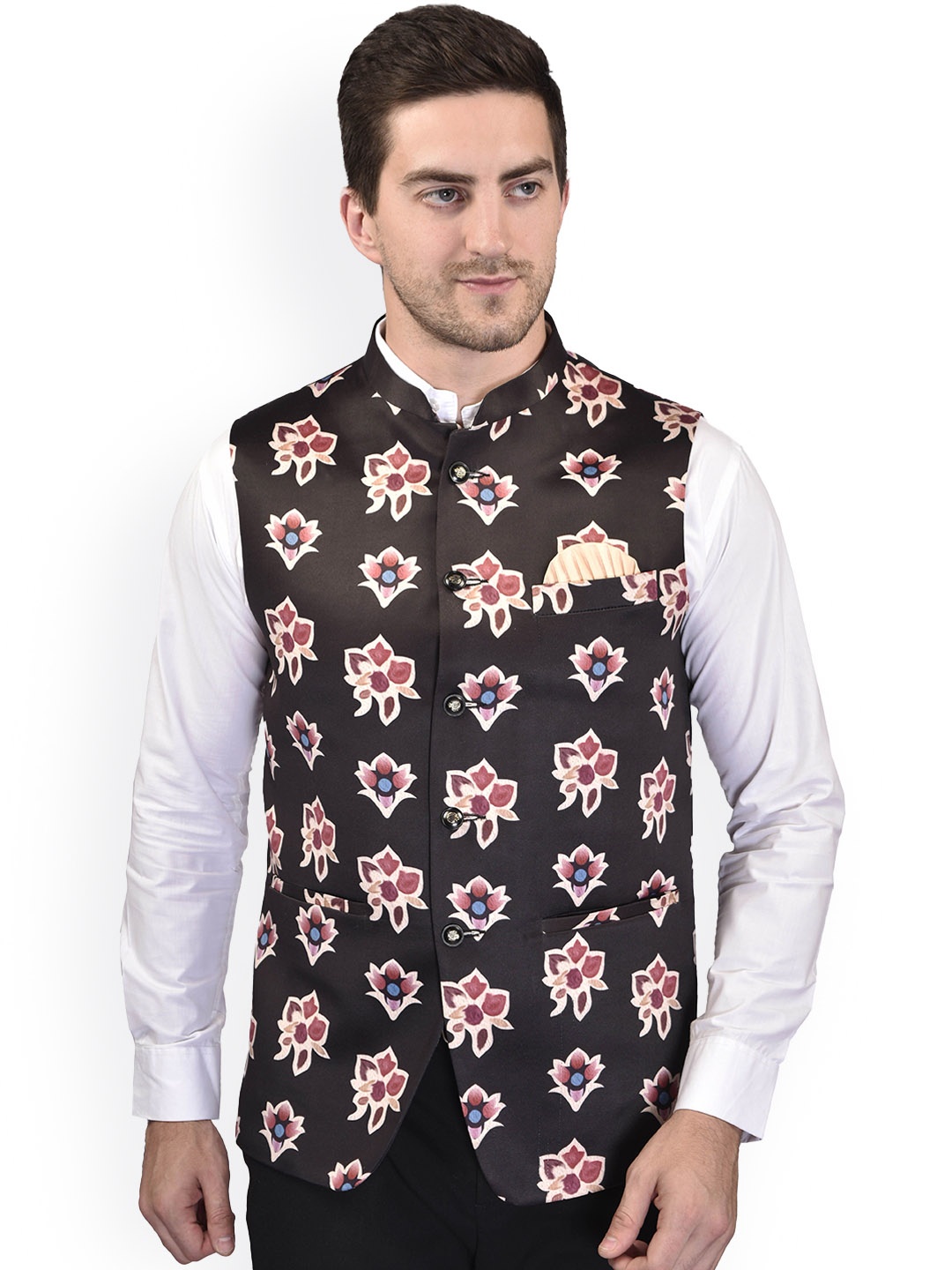 

PRINTCULTR Printed Woven Nehru Jacket, Brown