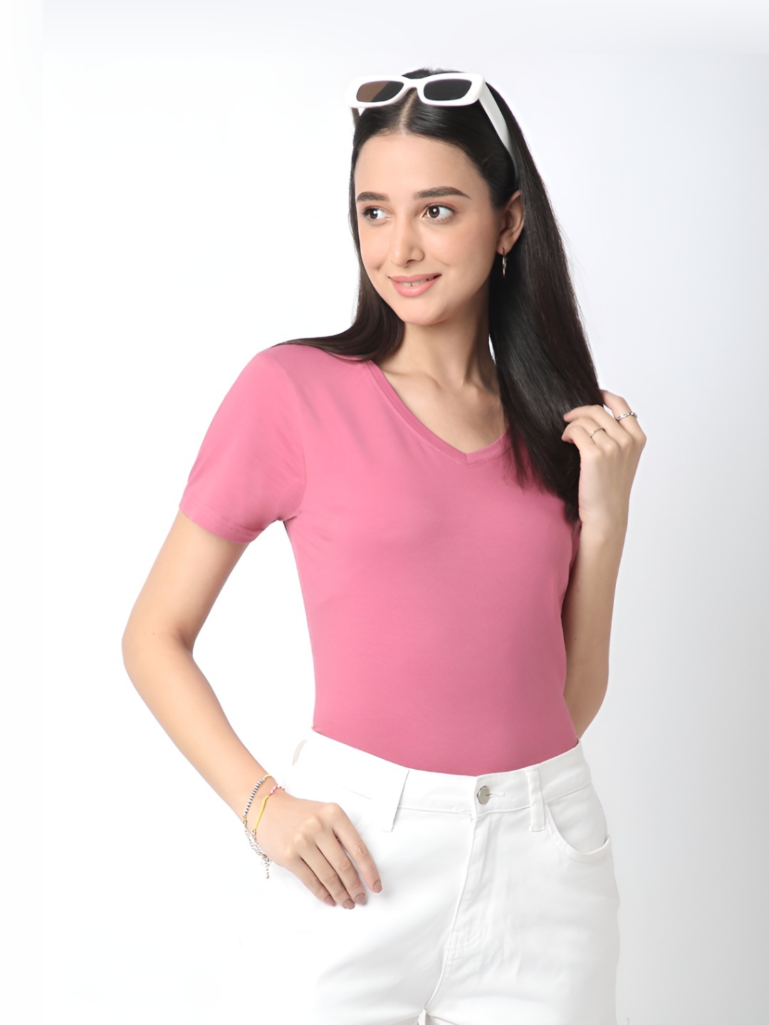 

R&B Women Solid V-Neck Cotton T-shirt, Magenta