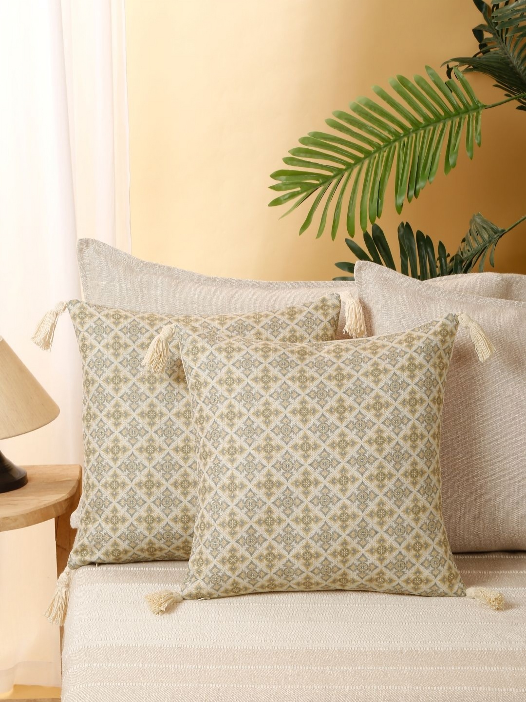 

eyda Yellow & Grey 2 Pieces Printed Cushion Covers