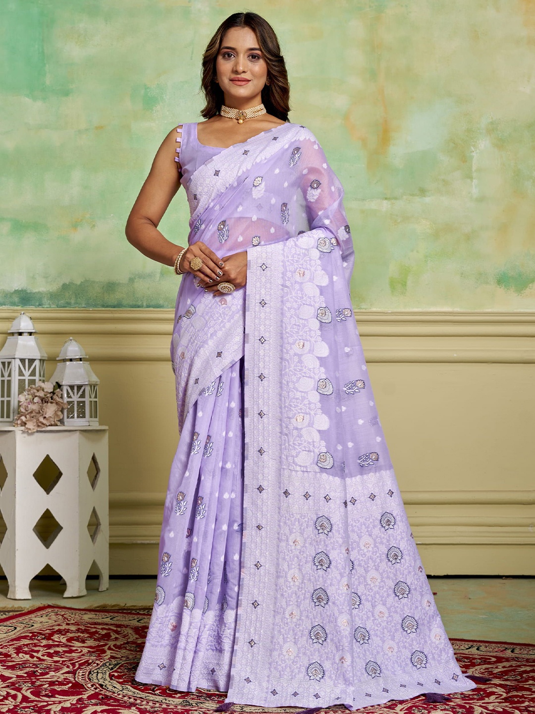 

KAYOMMI Ethnic Motifs Zari Pure Cotton Banarasi Saree, Lavender