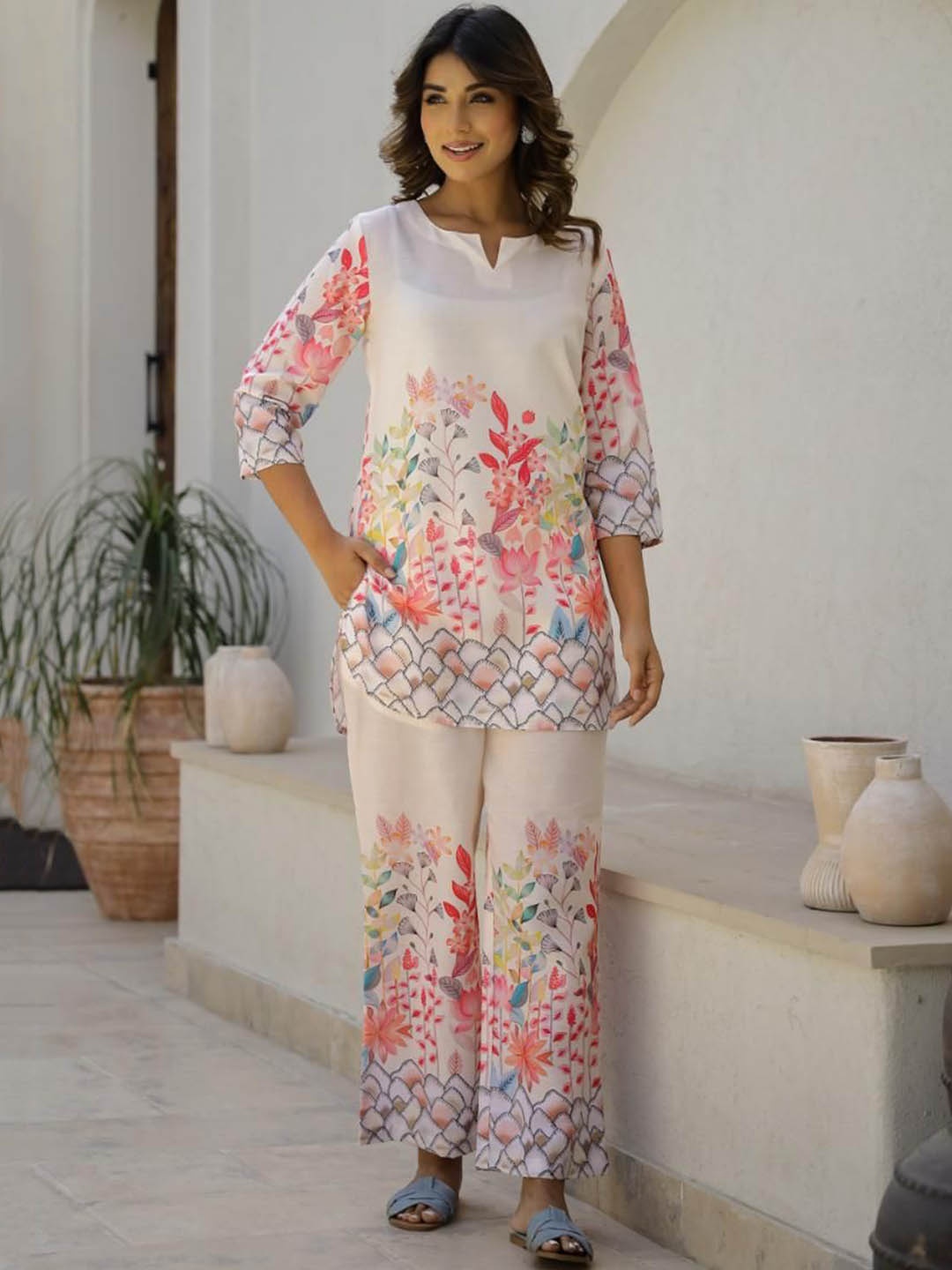 

FLAVIA CREATION Floral Printed Notch Neck Tunic With Trousers, Pink