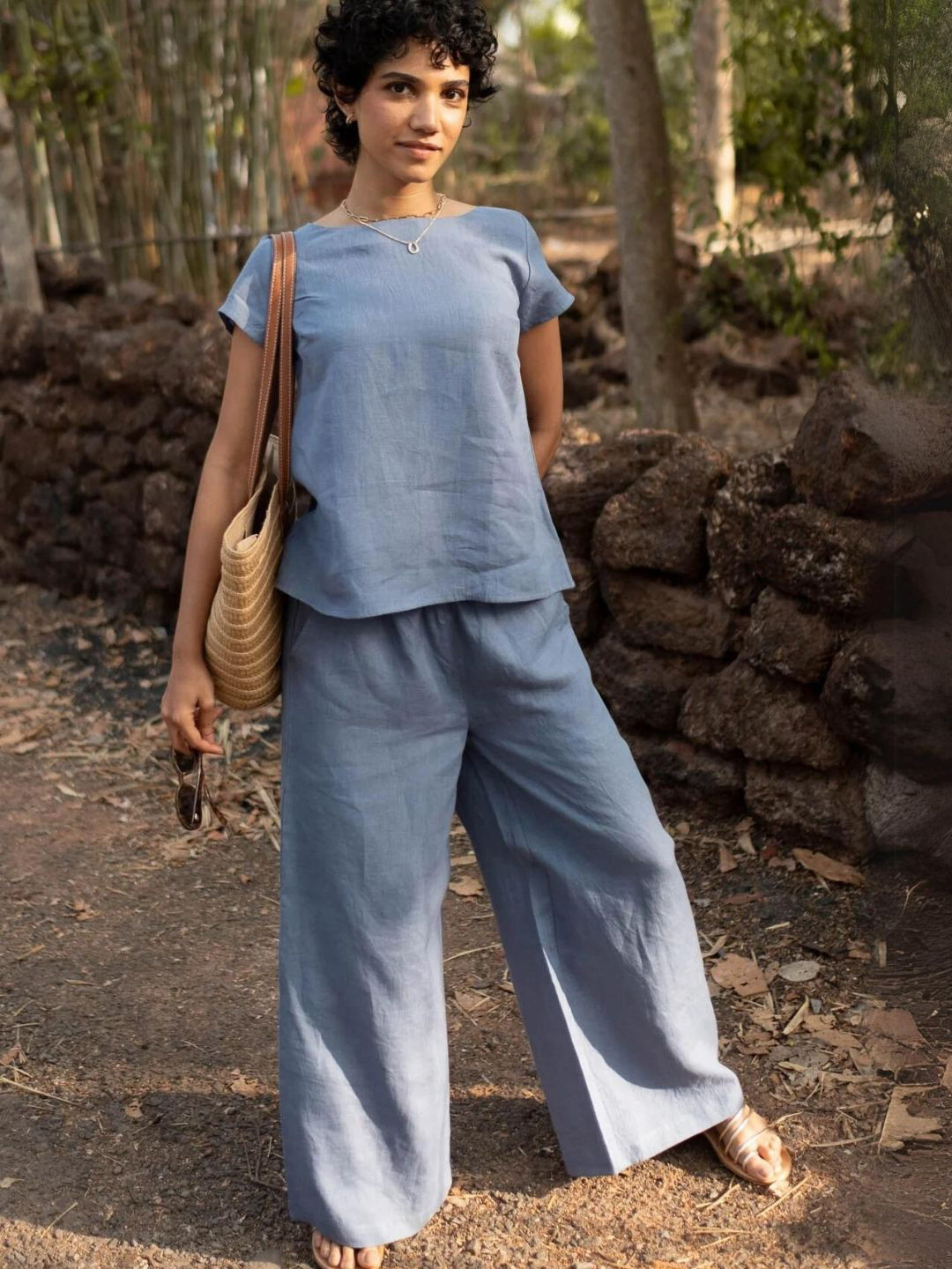 

Creatures of Habit Women Linen Co-ord Set with Boat Neck Top and Oversized Pants, Blue