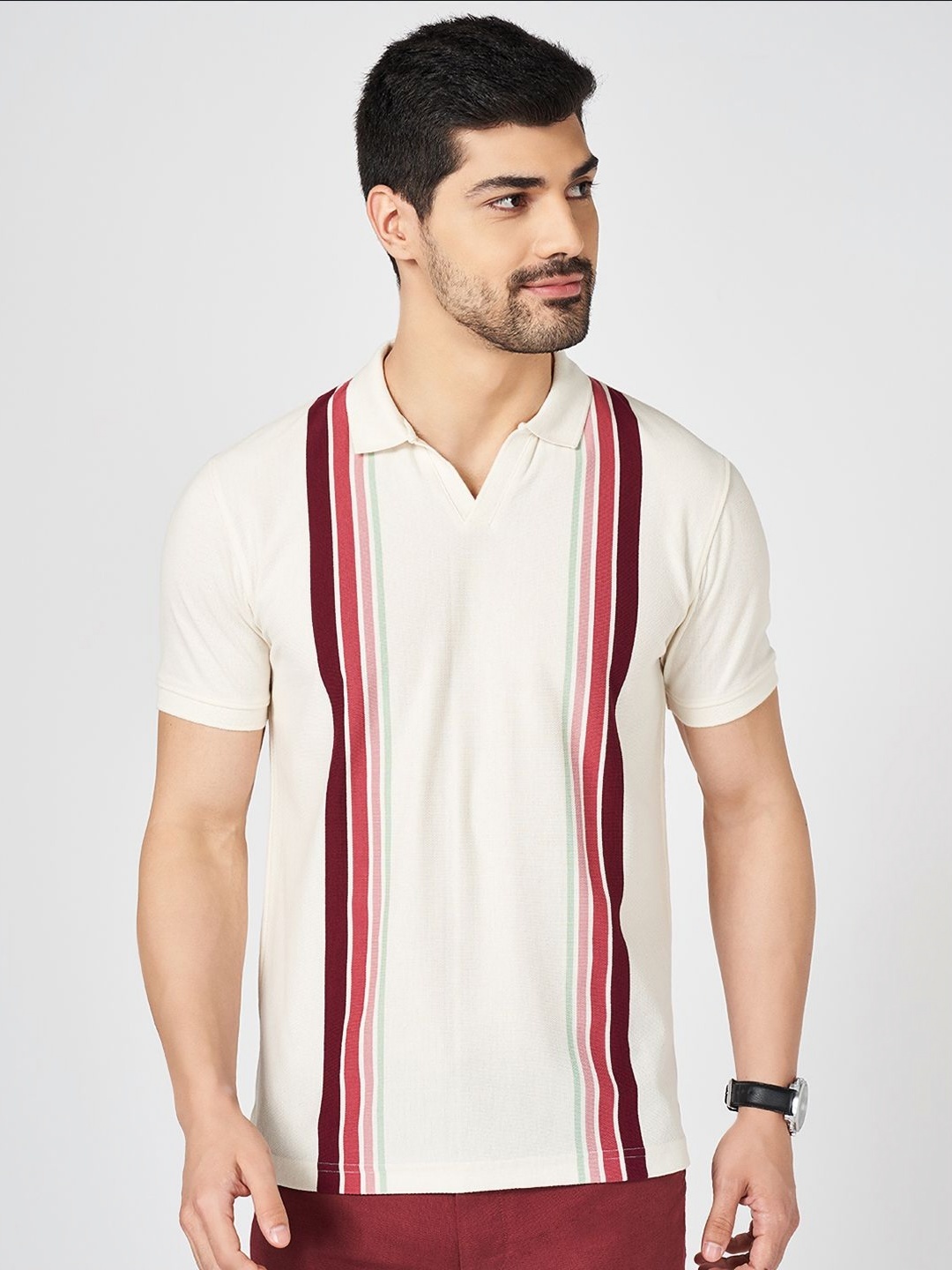 

BYFORD by Pantaloons Men Striped Polo Collar Cotton Slim Fit T-shirt, Pink