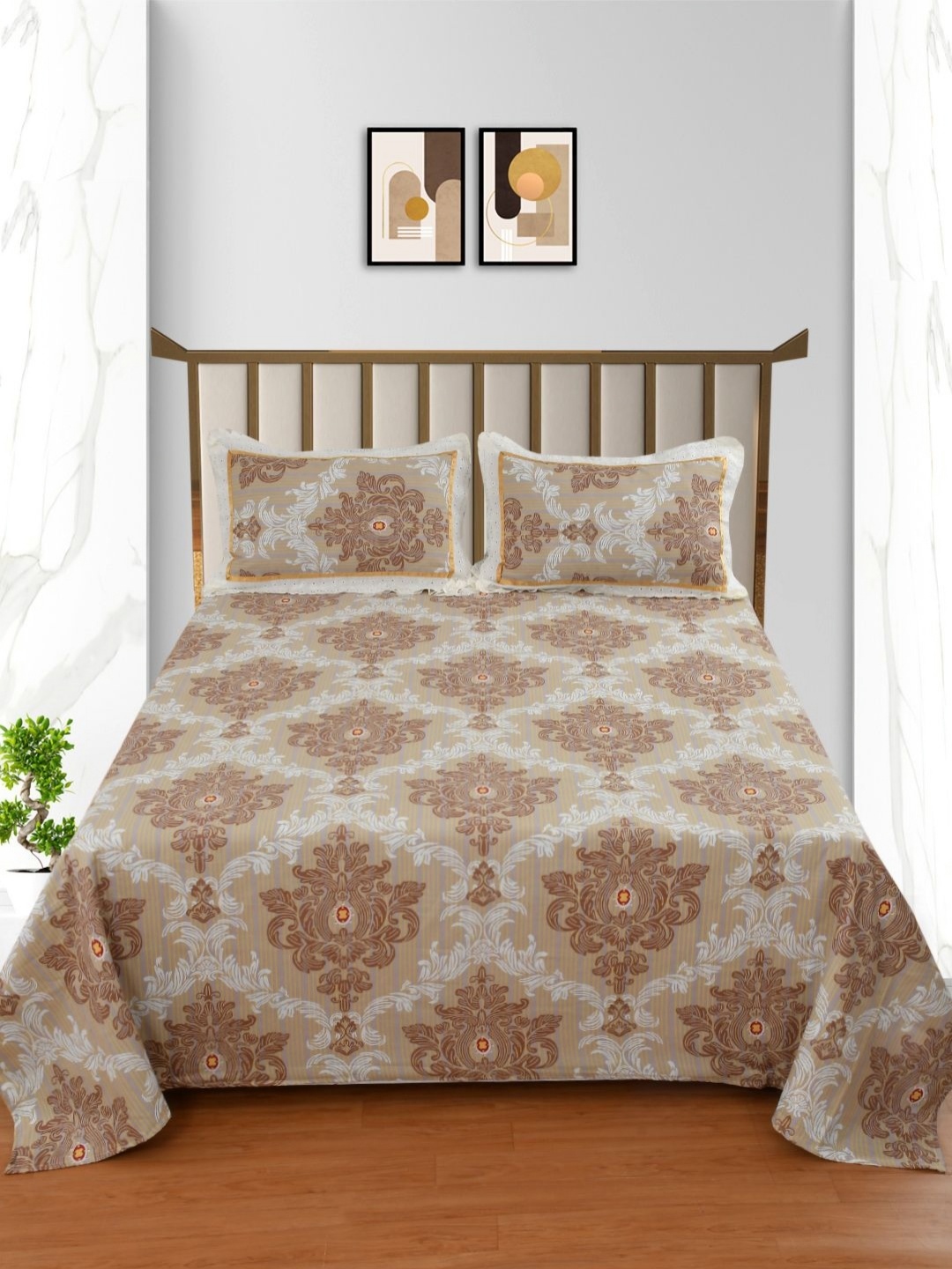 

BELVOSTUM Brown & Yellow Floral 250 TC King Bedsheet With 2 Pillow Covers