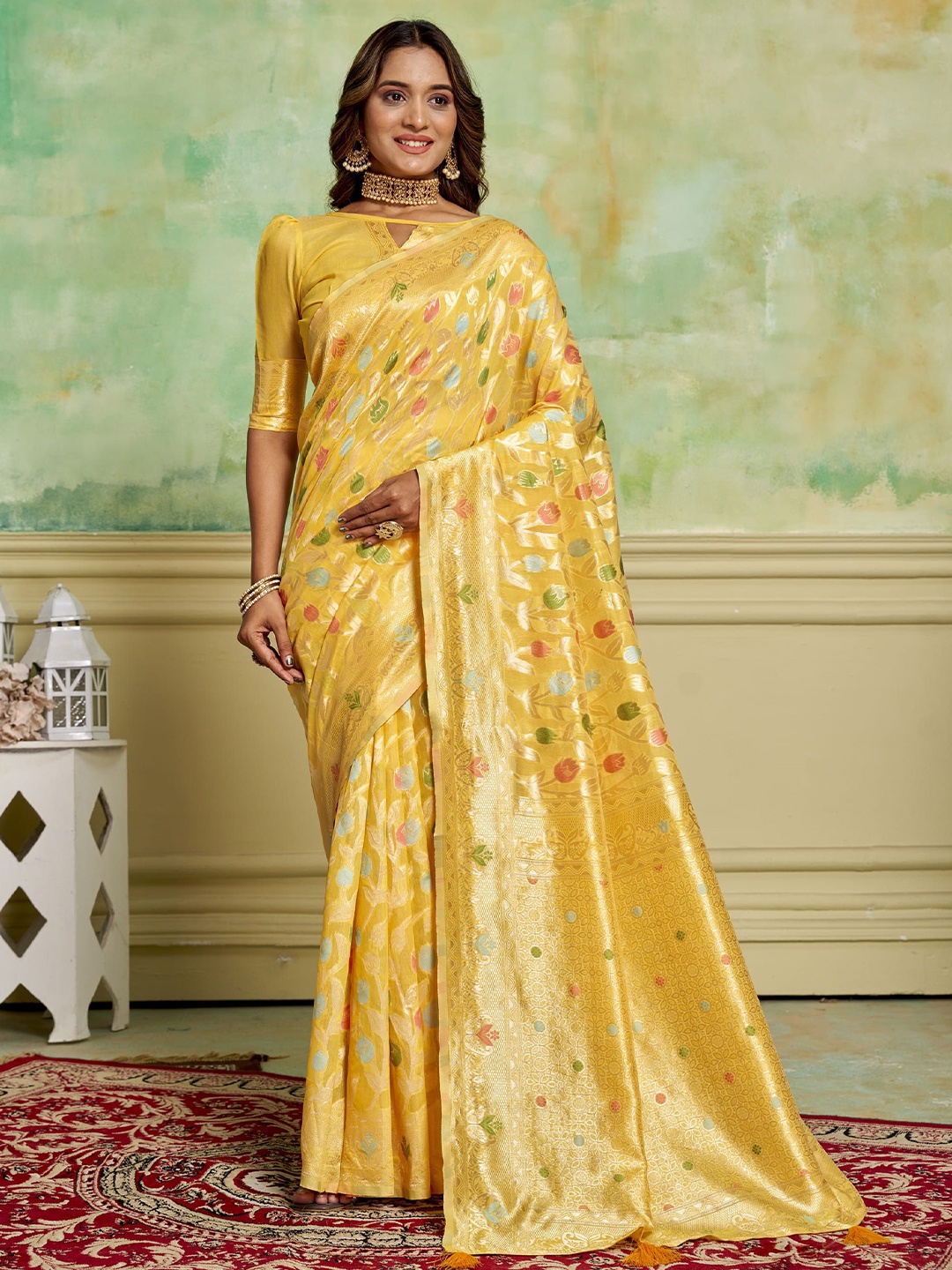 

KAYOMMI Ethnic Motifs Zari Pure Cotton Banarasi Saree, Yellow