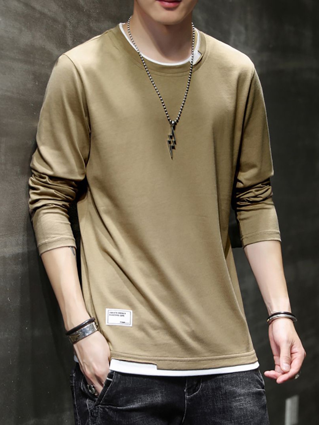 

StyleCast x Revolte Men Solid Round Neck Cotton T-shirt, Khaki