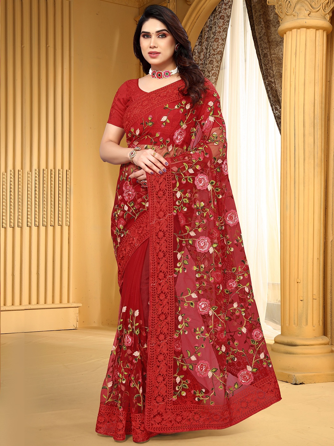

VIRICA Floral Embroidered Art Silk Saree, Red