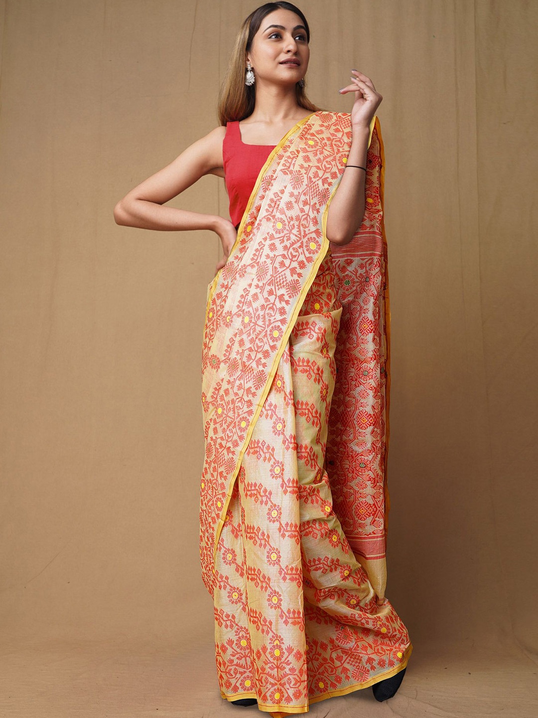 

Unnati Silks Women Woven Design Pure Cotton Handloom Tussar Jamdhani Saree, Cream