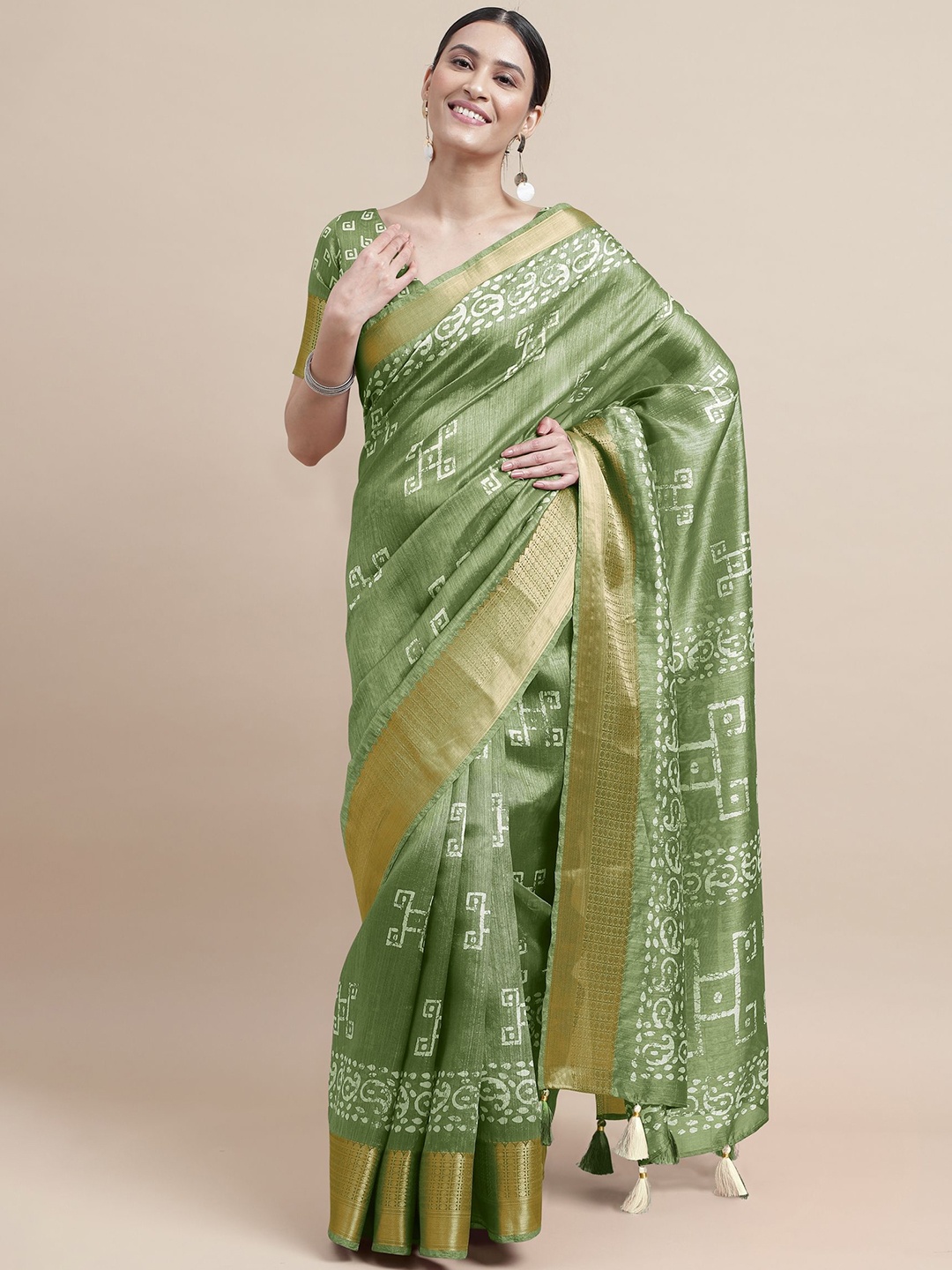 

KALINI Batik Printed Zari Block Print Saree, Green