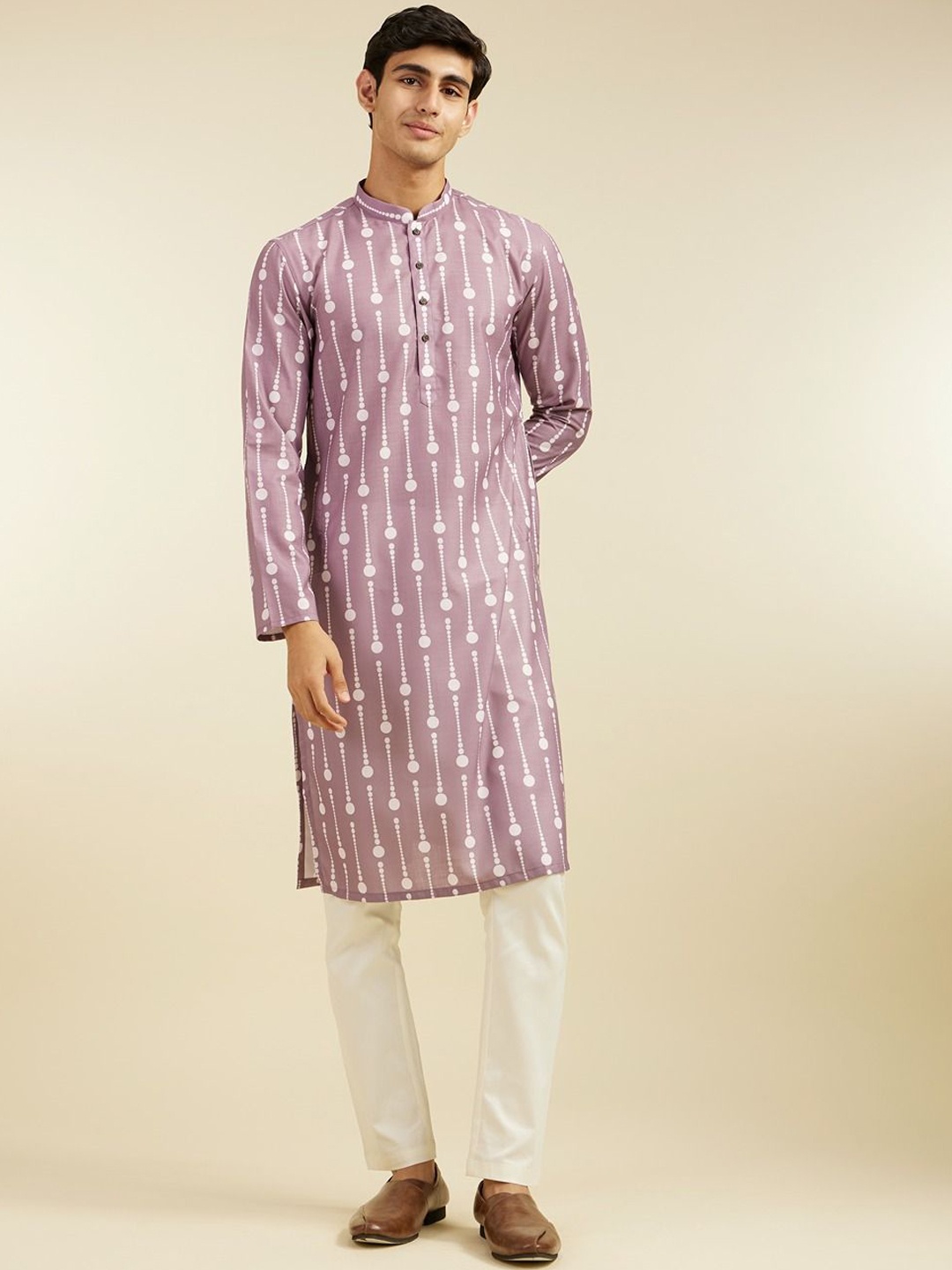 

Diwas by Manyavar Geometric Printed Mandarin Collar Straight Kurta, Purple