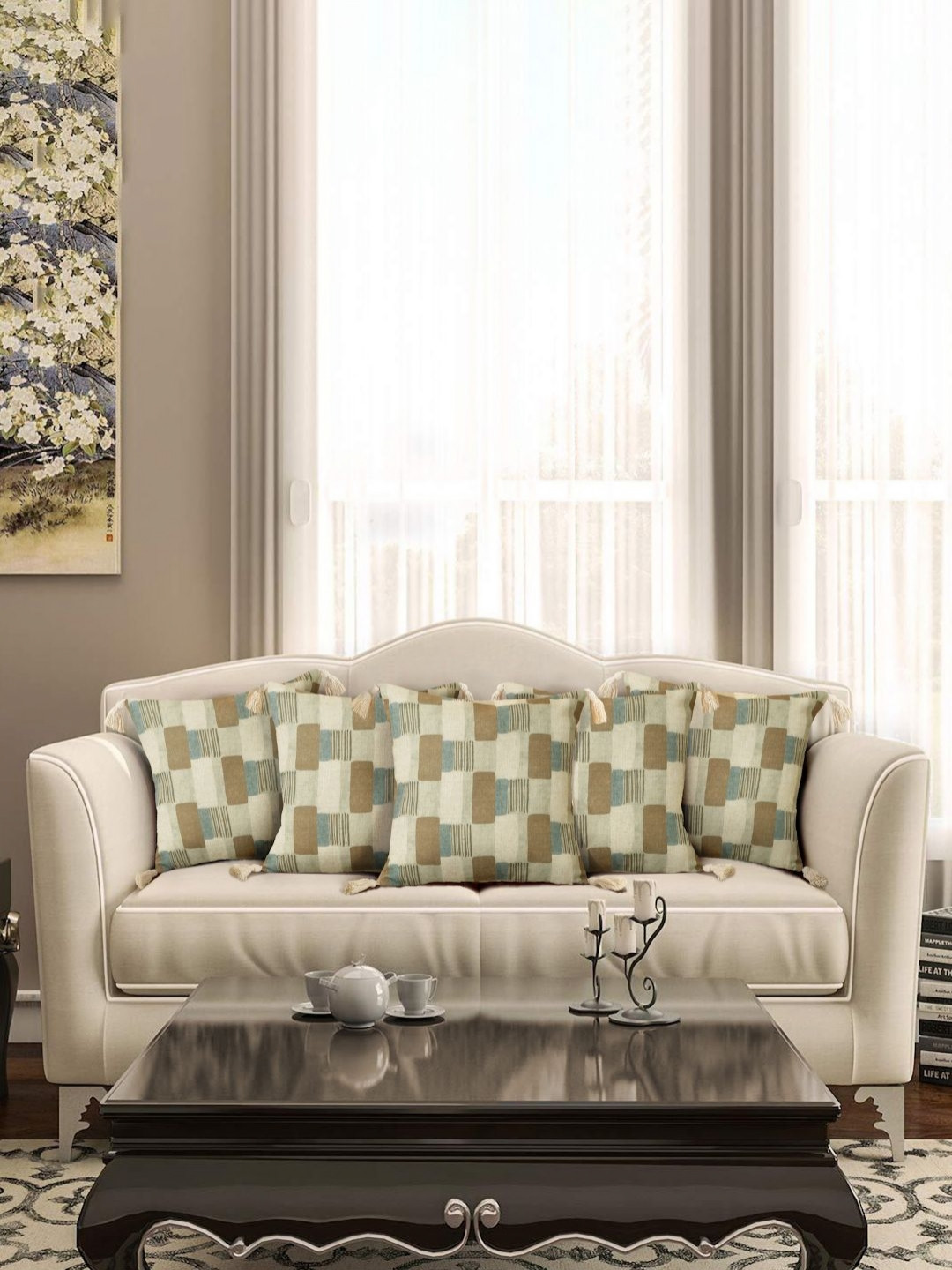 

eyda Beige & Green 5 Pieces Printed Cushion Covers