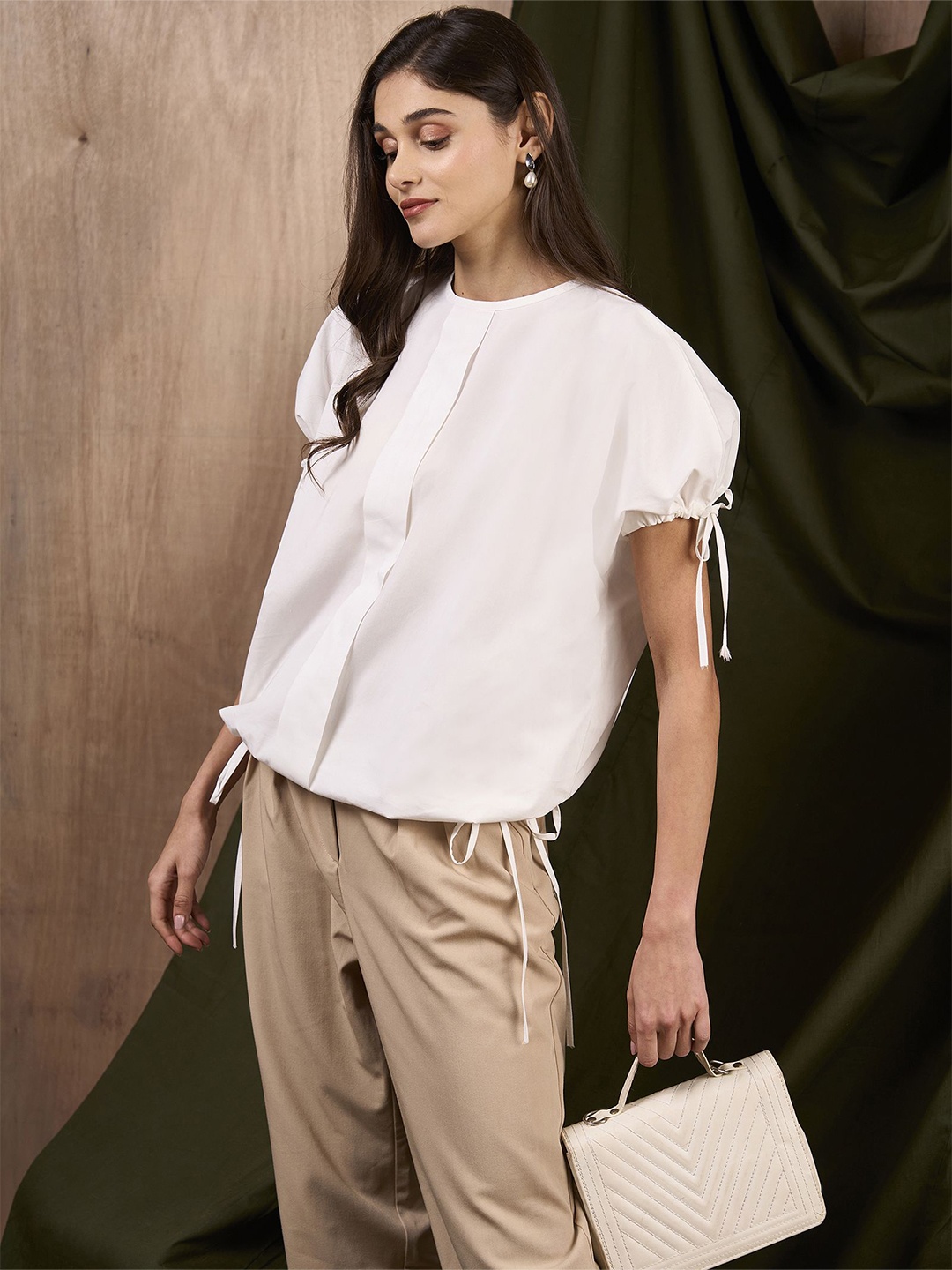 

MISH X Women Puff Sleeve Solid Cotton Top, White