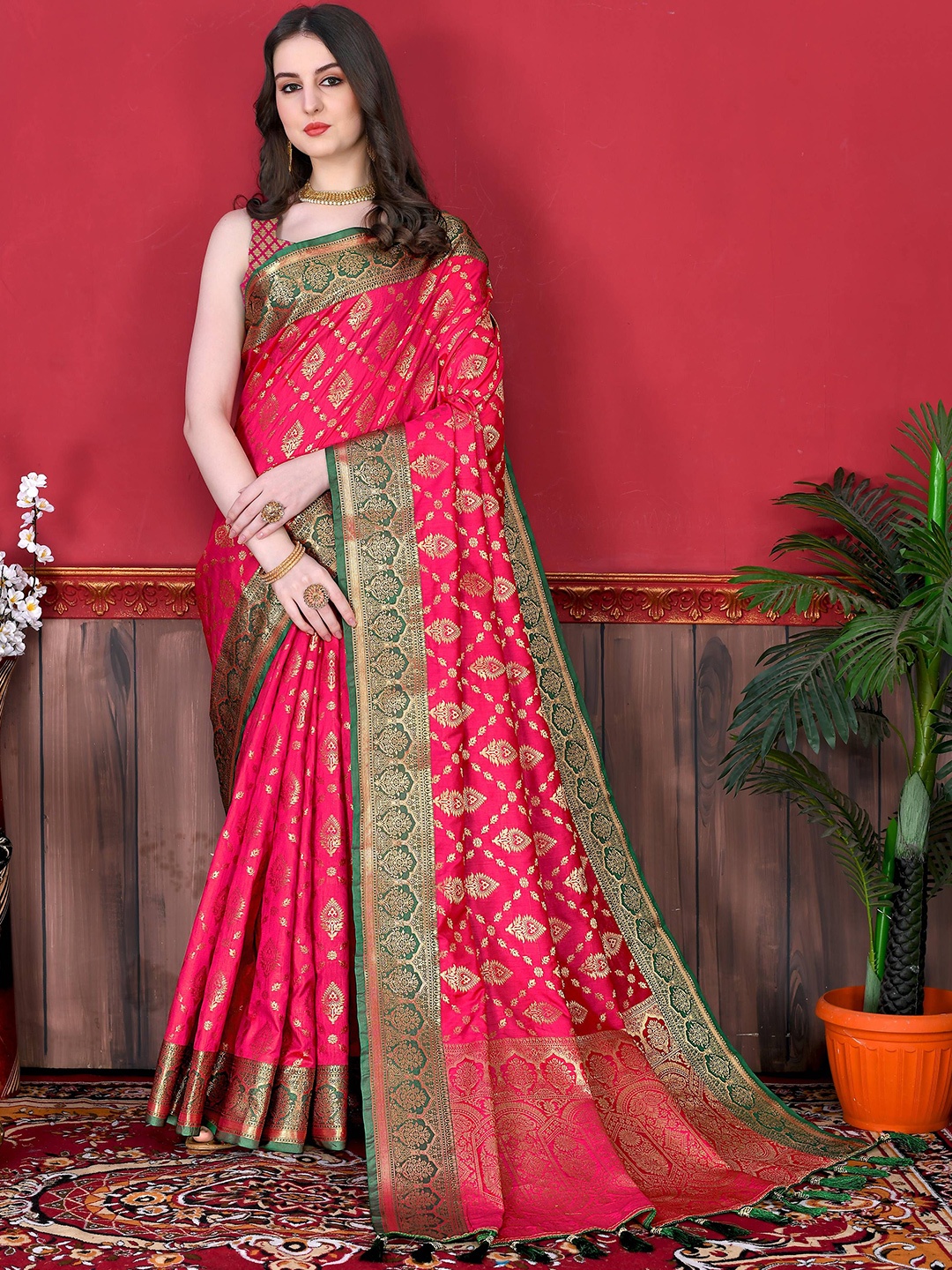 

Zeekha Woven Design Zari Pure Silk Kanjeevaram Saree, Pink